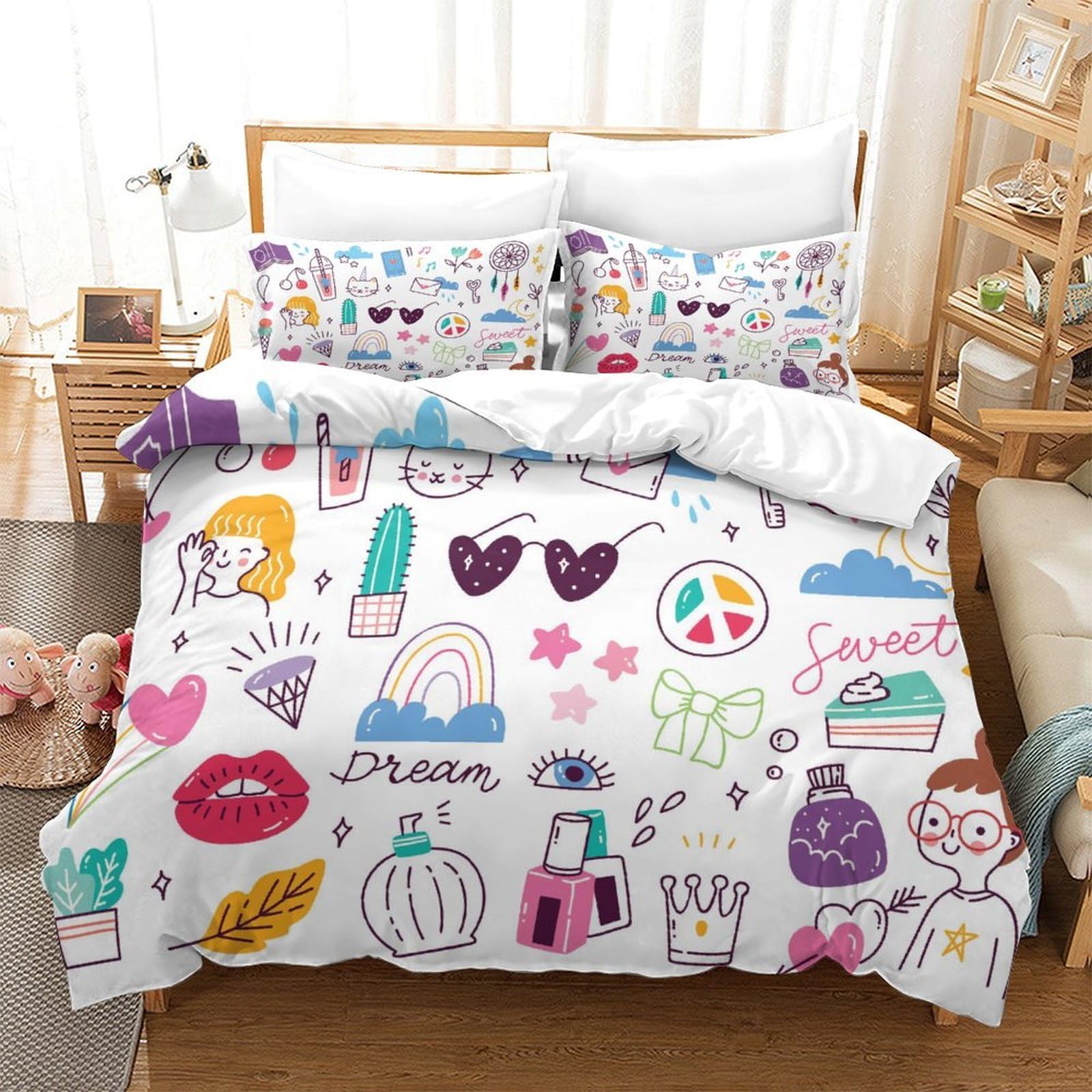 Fantasia 3D Stampata Ragazza Set Copripiumino Microfibra Morbido Decorazione Camera da Letto Set Biancheria per Tutte le Età Casa King（220x240cm）