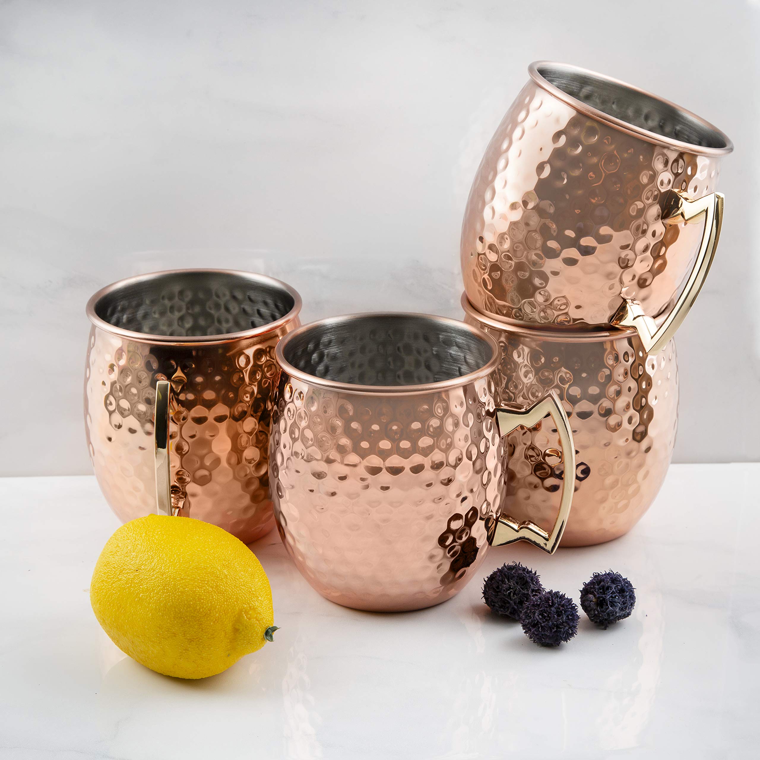 Cambridge Silversmiths Set 4 Tazze Moscow Mule In Rame Martellato – Acciaio Inox Con Rivestimento In Rame, 567g, Manico Dorato