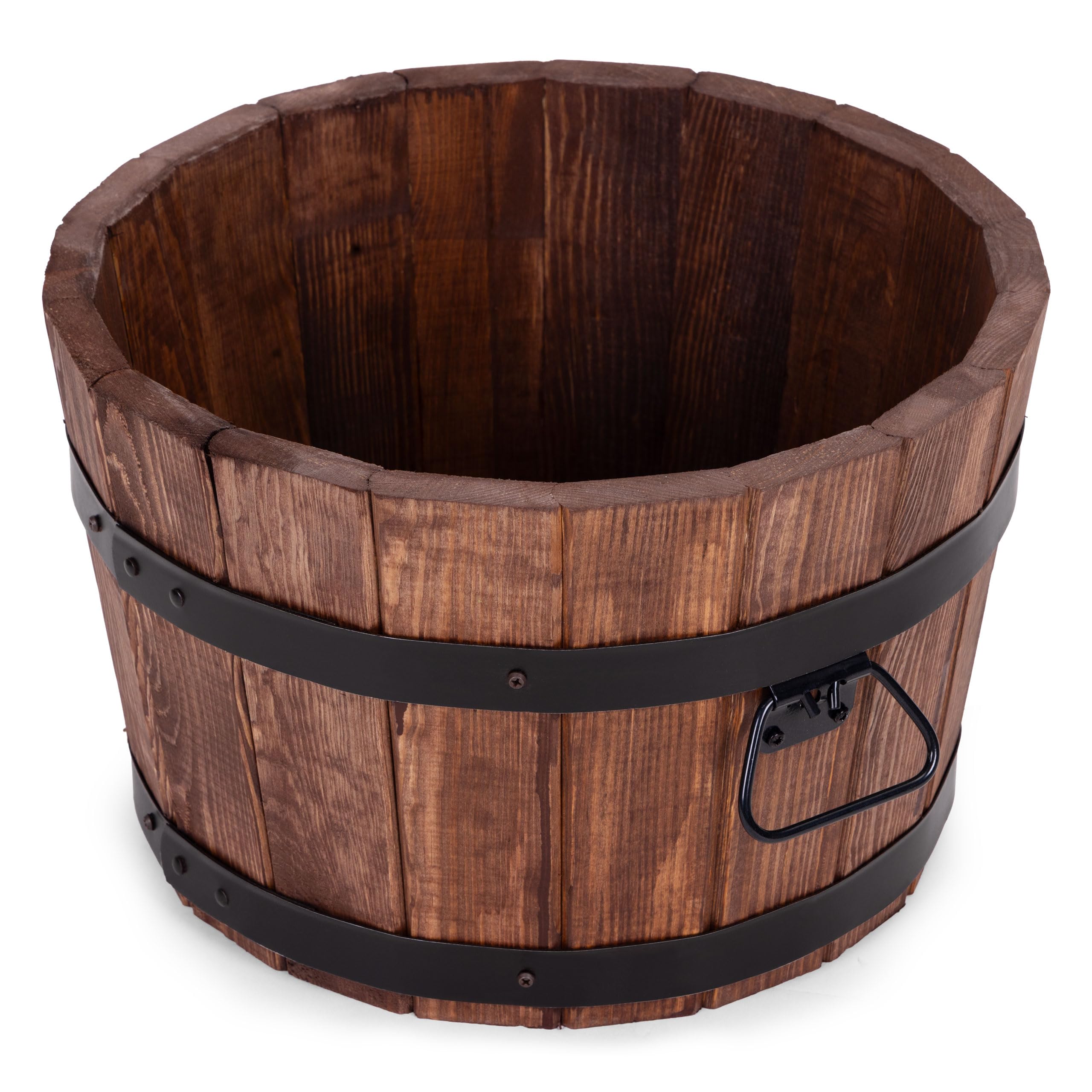 Großer Holz Blumentopf Runder Garten Pflanzkübel mit Metallringen Dekoratives Holzfass als Pflanztopf Wetterfeste Blumenkübel für draußen Balkon Terrasse & Garten (braun, Ø42 x H26)