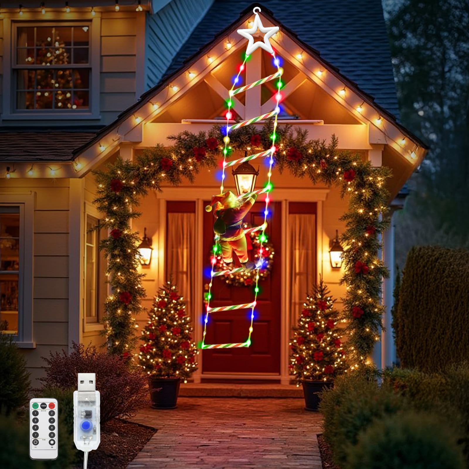 WoskjXas 6.56Ft Christmas Ladder Lights, 2M 124 LED Santa Climbing Ladder Lights Outdoor with 8 Modes, Timer Christmas Led Light for Outdoor Indoor Wall Window Xmas