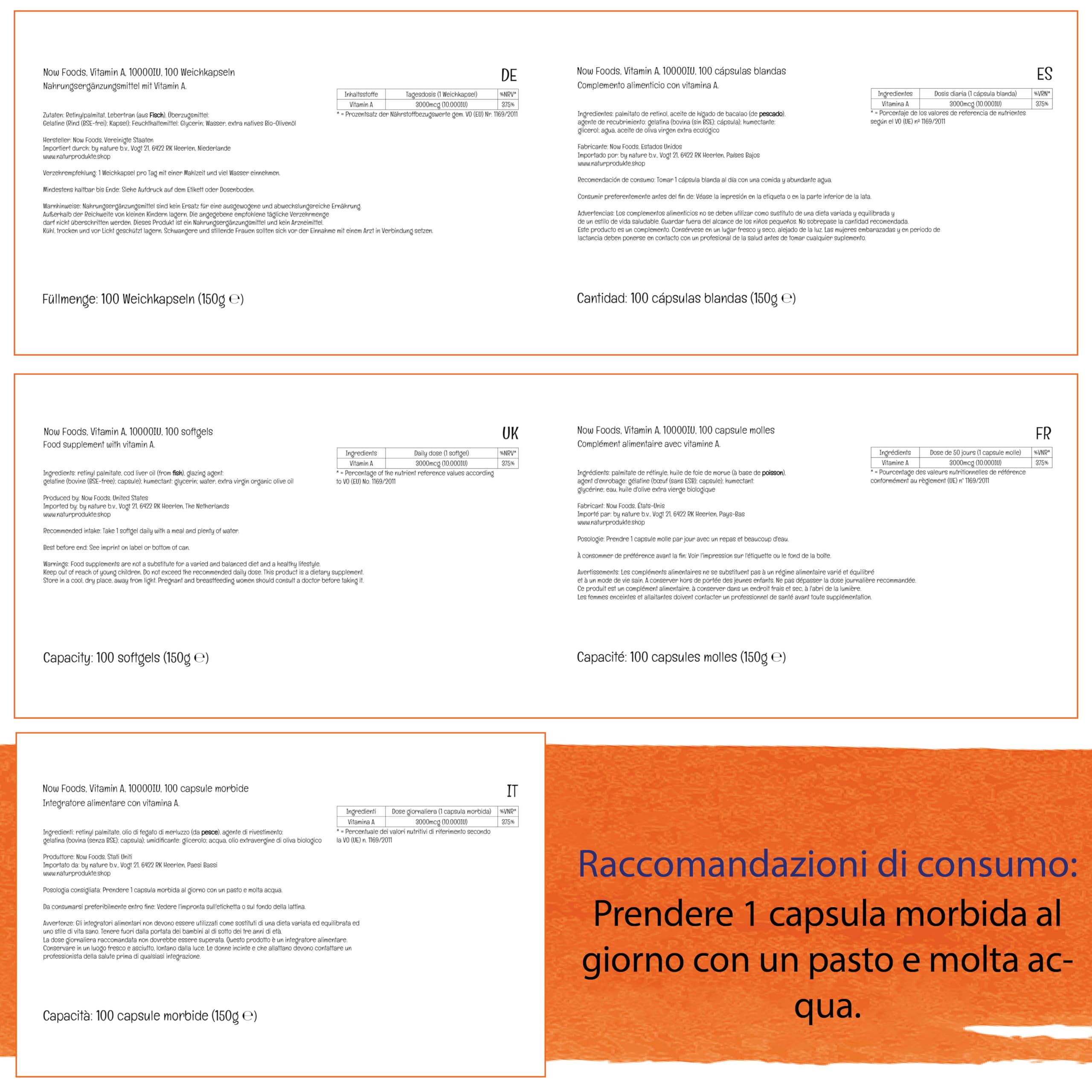 Now Foods Vitamina A 10000IU, 3000mcg, da palmitato di retinile e olio di fegato di merluzzo, ad alto dosaggio, 100 capsule, Testato in Laboratorio, Senza Glutine, Senza Soia, Non-GMO