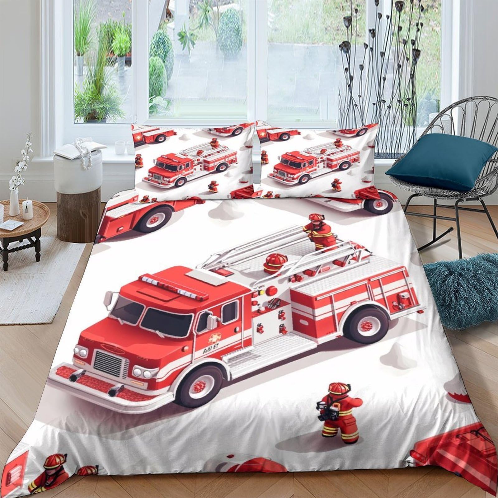 TUFRTGYHN 3D Printed Fire Truck Duvet Cover Set Microfiber Red Bedding Quilt Cover with 2 Pillowcases for Bedroom Decor Single（135x200cm）