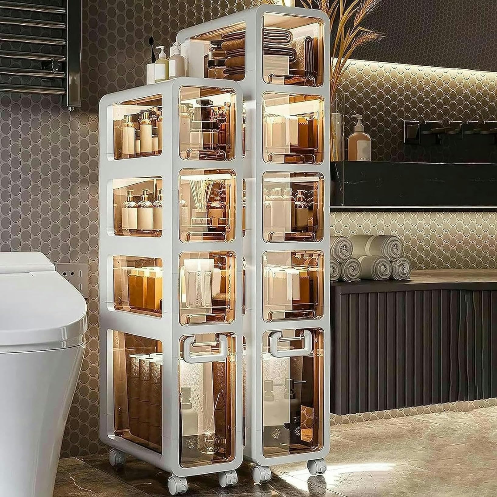 Armadietto da Terra per Bagno con 4 Cassetti e Ruote, Armadietto da Terra ad Angolo di Grande capacità Cassettiera Stretta a Torre Verticale per Bagno, Piccoli Spazi e Spazi, Installazione Libera