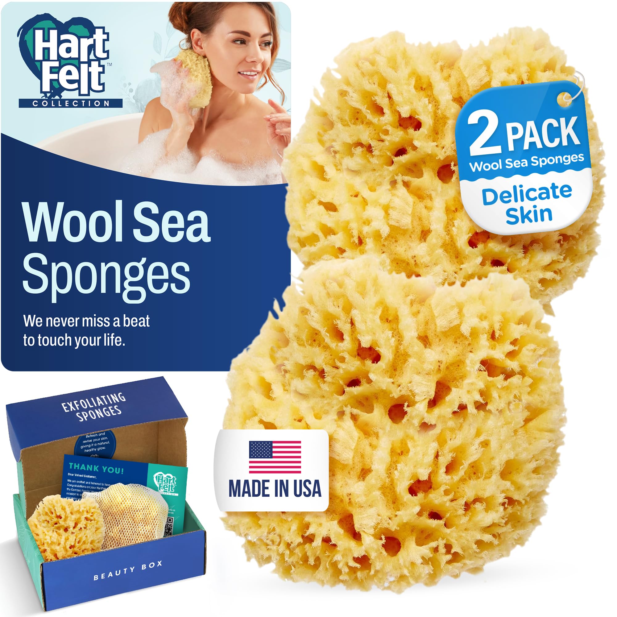HartFelt Caja de belleza de esponja de mar para piel delicada | 2 esponjas de mar de lana de 4 pulgadas | Bolsa de malla para limpieza y secado | Caja de regalo