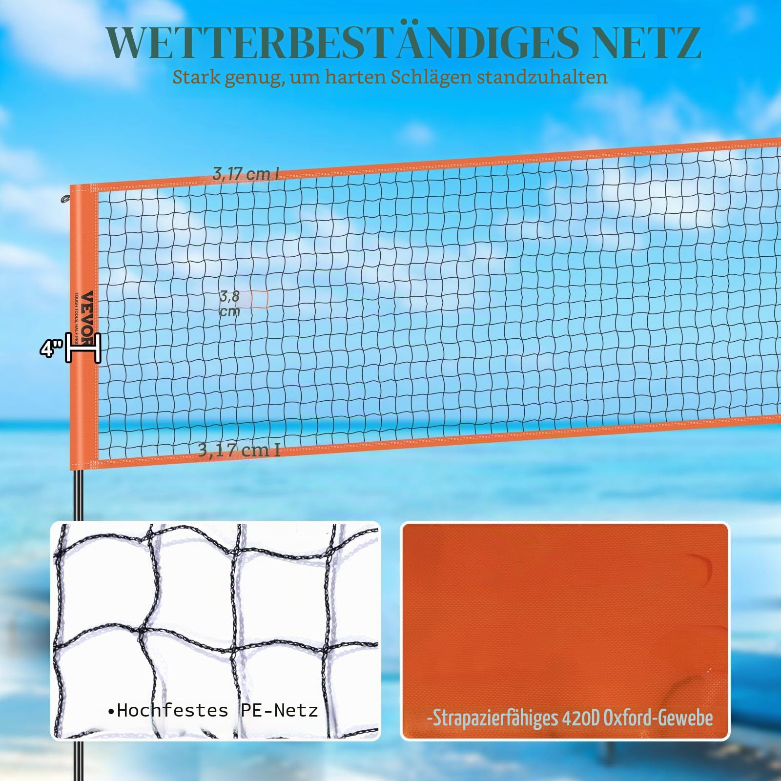 VEVOR Volleyballnetz Höhenverstellbar 4,3 x 2,2 m Tragbarer Beachvolleyball-Netz Orange mit Volleyball & Tragetasche