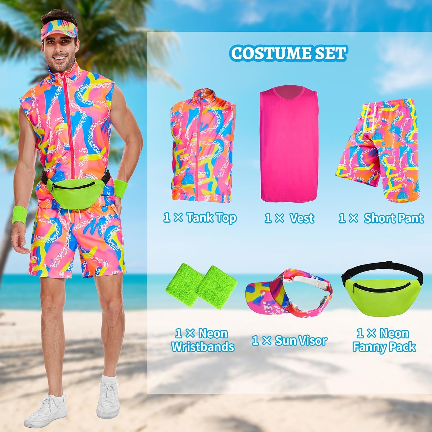 80s 90s Outfit for Men, Hawaiian Vintage Shirt &Shorts Set, Hip-Hop Costume for Halloween Disco Retro Theme Party - Image 4
