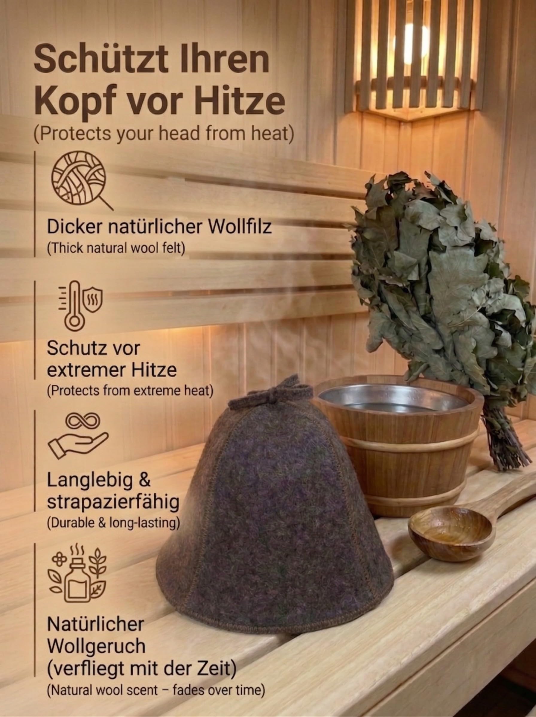 Saunahut 100% Wollfilz für Damen und Herren – Hitzeschutz, Naturmaterial, Mütze Filz Saunamütze