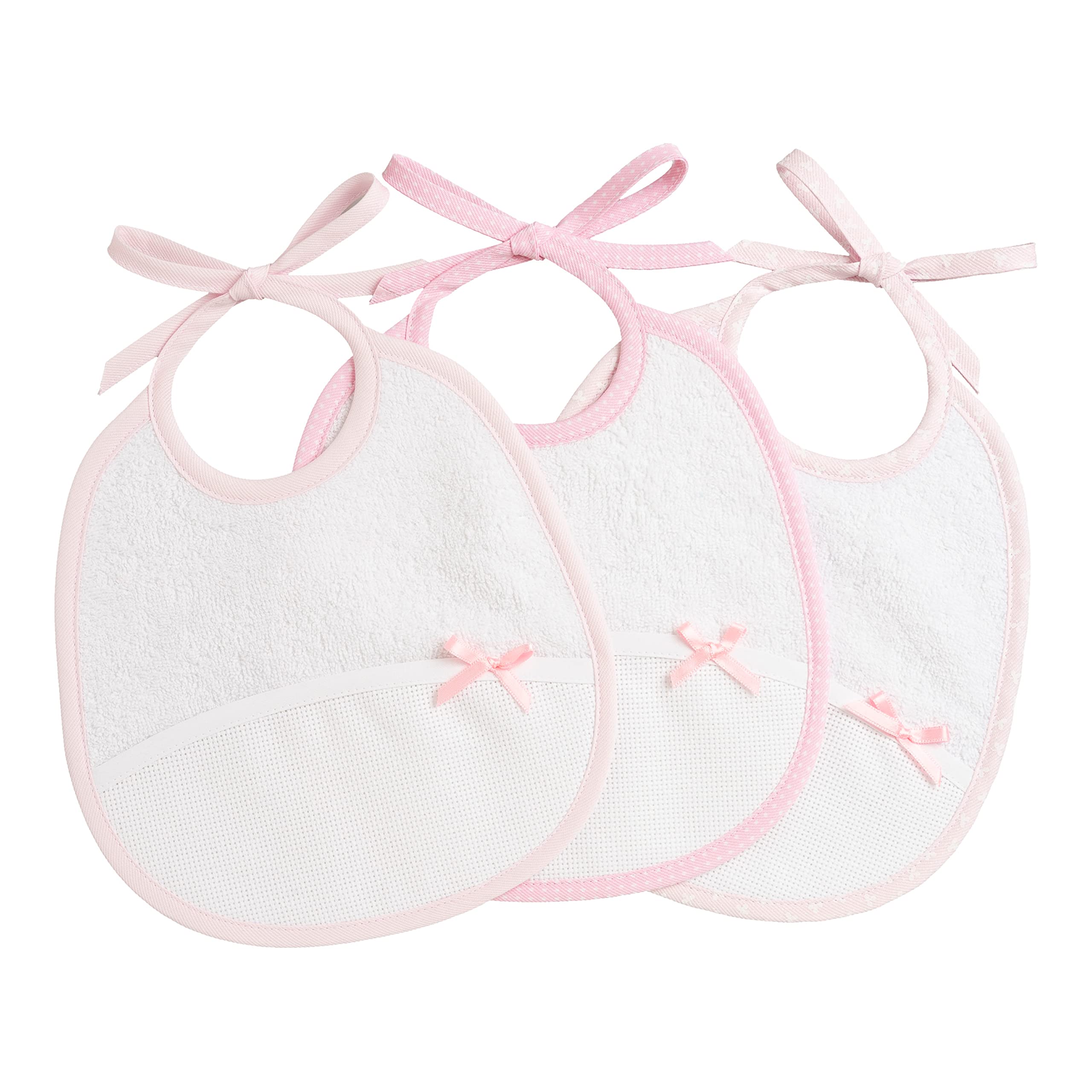Filet - Set de 3 Baberos Recién Nacido en Esponja de Algodón Blanco con Bolsillo en Tela Aida de Bordar, Protege los Vestidos Contra Comida y Regurgitación