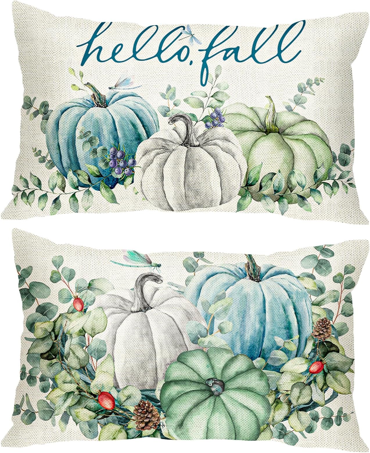 Tegeme2 Pieces Fall Throw Pillow Cover 12 x 20 Inch White and Blue Fall Pumpkins Cushion Cover Hello Fall Decorative Eucalyptus Leaves Fall Pillow Covers for Thanksgiving Couch Autumn Lumbar Decor