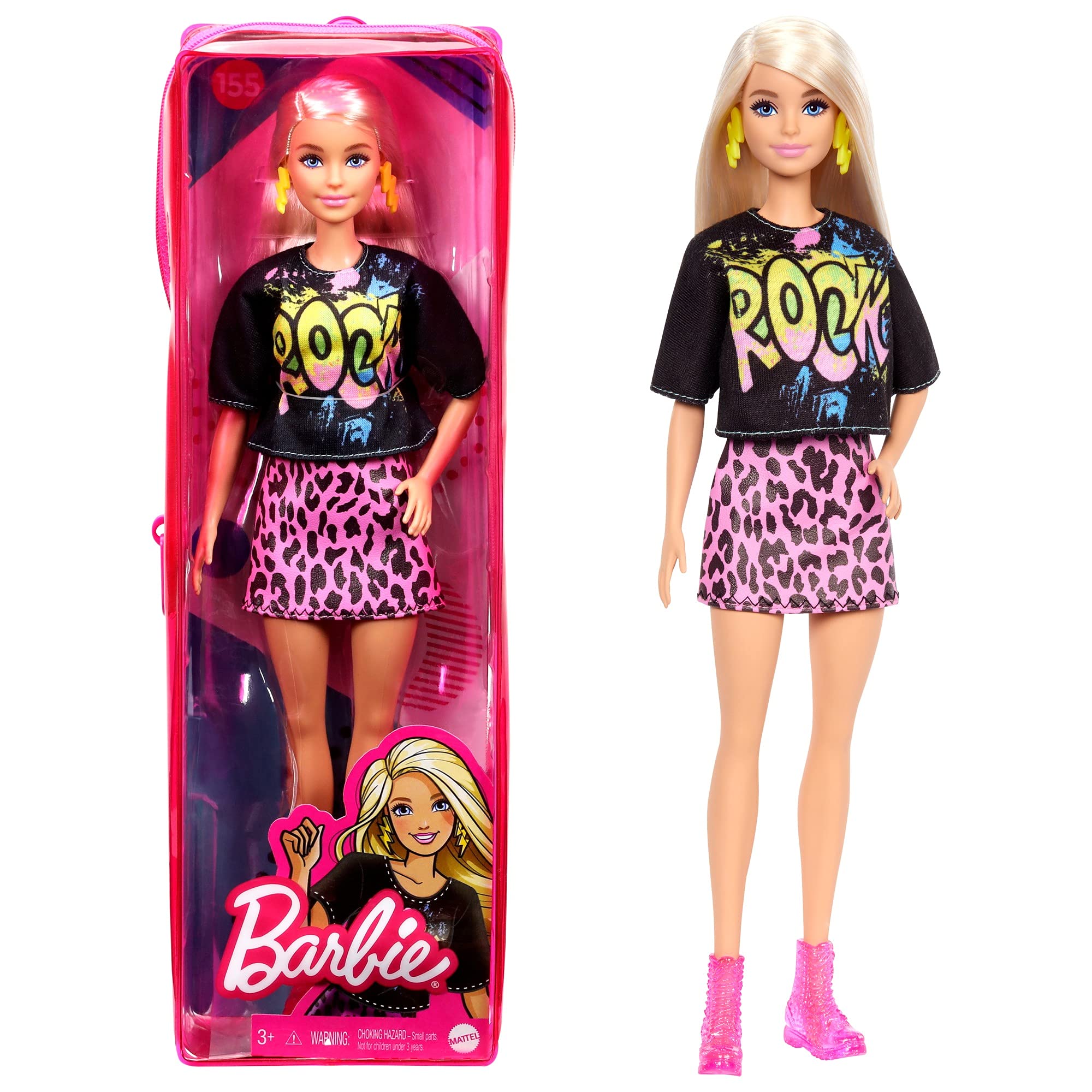 Barbie Fashionistas Doll #155 with Long Blonde Hair Wearing “Rock” Graphic T-Shirt, Animal-Print Skirt, Pink Booties & Ear...