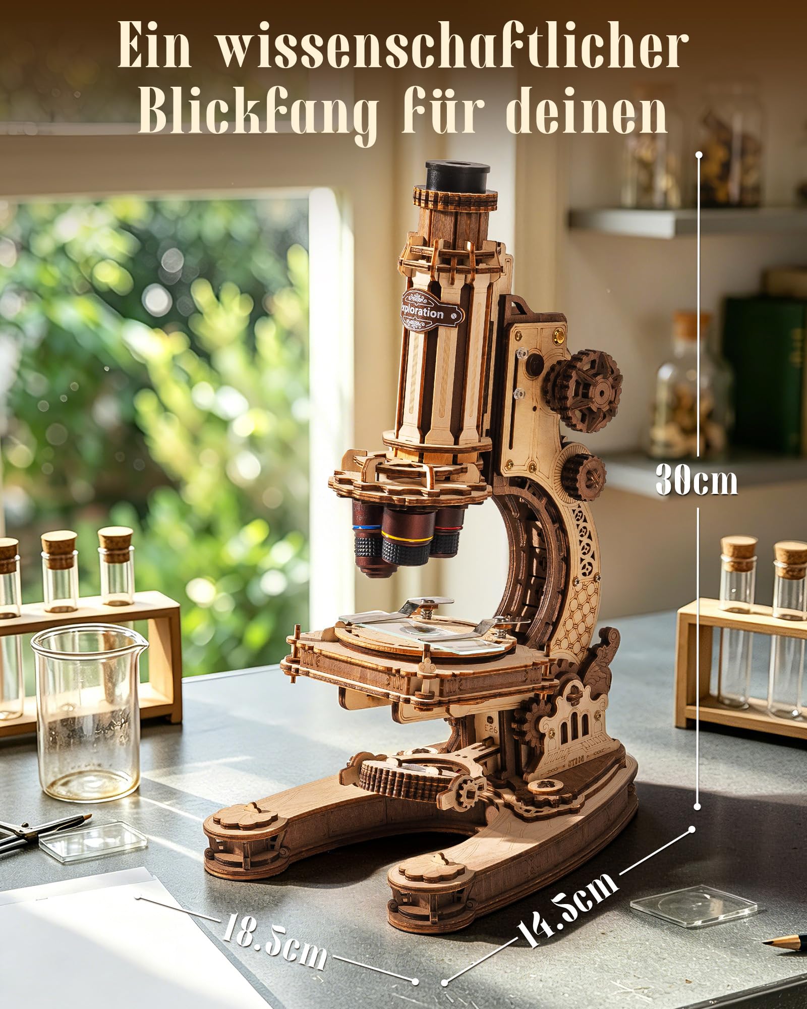 Robotime Mikroskop-Modellbausatz für Erwachsene, 260-teiliges 3D-Puzzle aus Holz mit 40x/100x/400-facher Vergrößerung, Arbeitswissenschaftsmodell für STEM-Lerner, mechanisches Display, Geschenk für