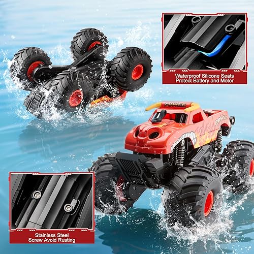 Miniatura 5 de Camión monstruo anfibio, 116 impermeable con control remoto, juguetes para 60 minutos de juego, vehículo todoterreno 4WD 360, ideal para cumpleaños