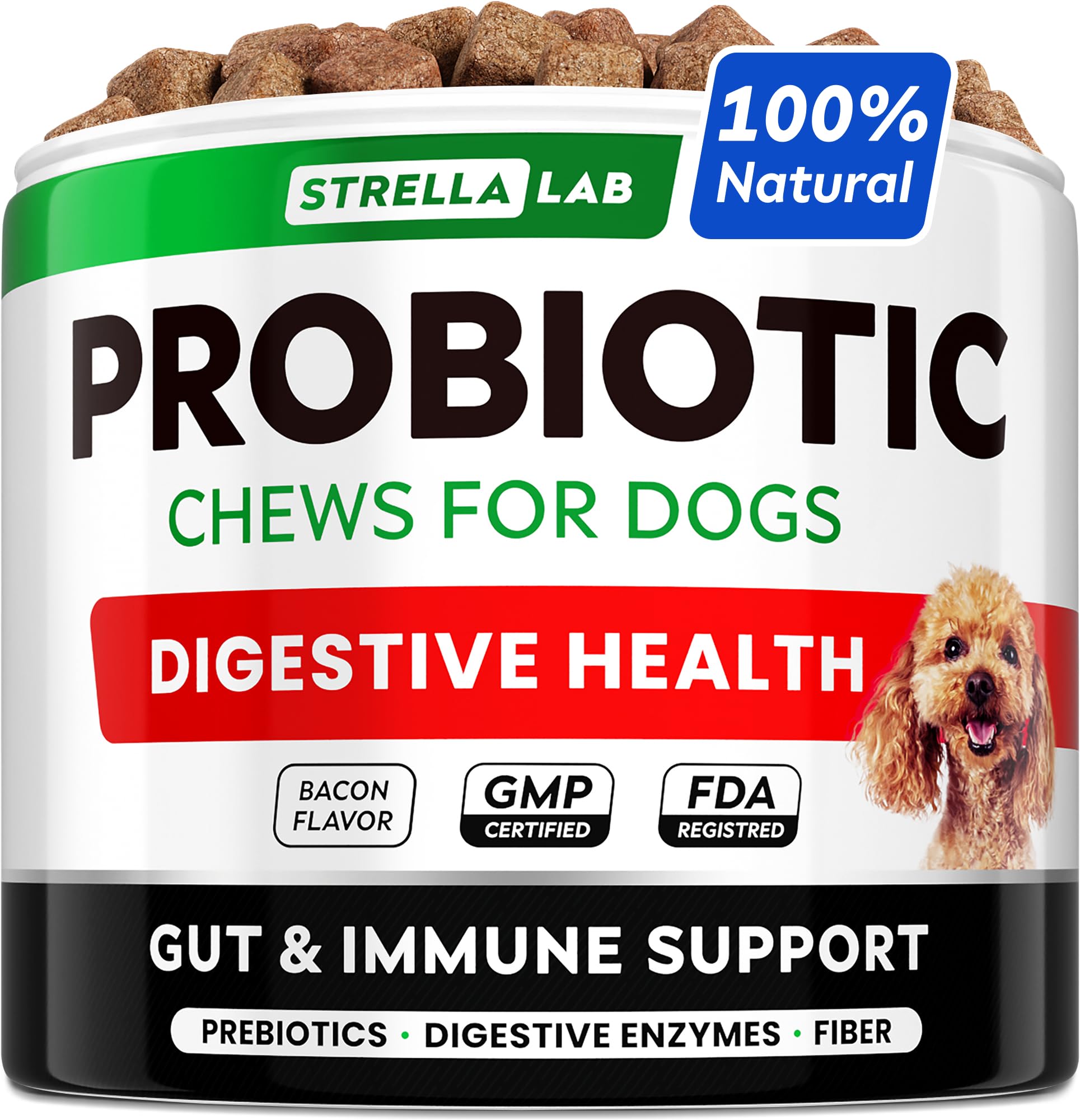 StrellaLab Dog Probiotics Treats for Picky Eaters - Digestive Enzymes + Prebiotics - Chewable Fiber Supplement - Allergy, Diarrhea, Gas, Constipation, Upset Stomach Relief - Improve Digestion&Immunity
