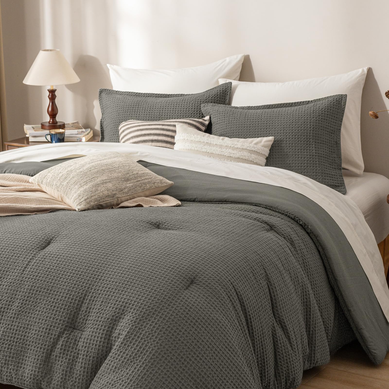 phf ultra soft waffle weave comforter set king size, 3 pieces lightweight breathable comfy bedding set, comfy textured 1 comforter with 2 pillow shams, grey