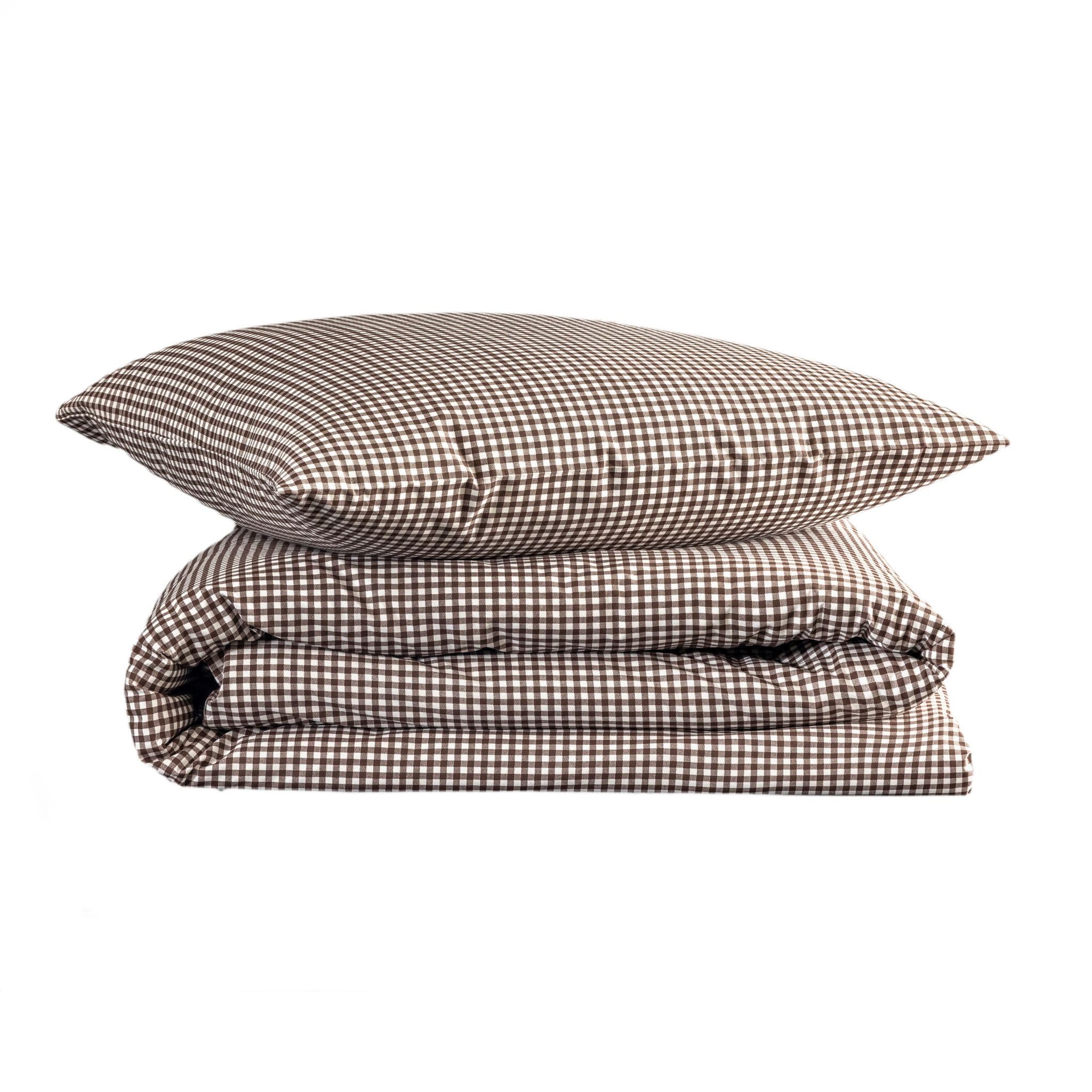 Terre de Nuit - Parure de lit 140x200 Coton à Carreaux Marron Mini Vichy - Marron - Carreaux - 57 Fils/cm² - Base Droite