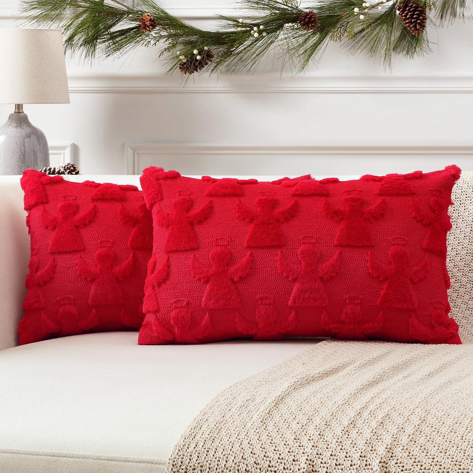 Artscope Set of 2 Xmas Soft Plush Short Wool Velvet Decorative Cushion Covers 40x60cm Lumbar Luxury Style Throw Pillow Covers Pillow Shell for Sofa Bedroom Angel Red