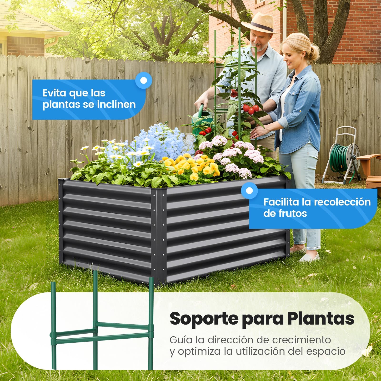 Quictent Jardineras Elevadas de Metal Galvanizado, Macetero Sin Fondo para Verduras con Jaulas para Tomates Incluidas, 120x90x62cm