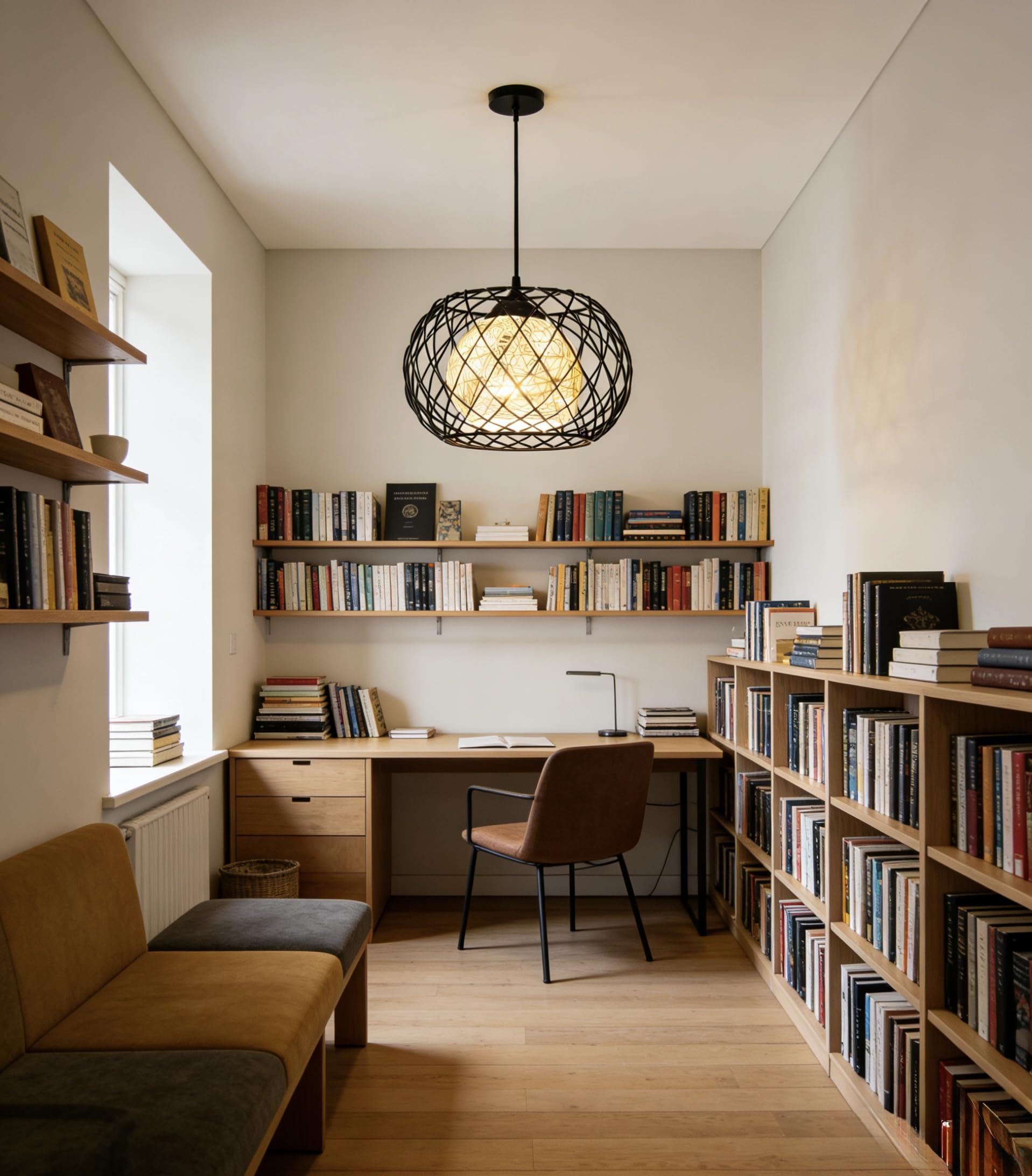 Luminaire Suspendu Industriel Bohème - Cadre en Métal Noir Treillé et Sphère en Fil de Coton Tressé - Éclairage Doux Ambiant pour Salon,Salle à Manger,Cuisine,Chambre - Compatible Ampoule E27
