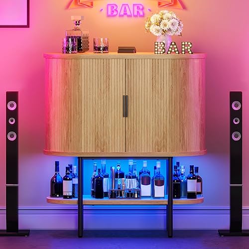 DWVO Armario de bar con luces LED, mesa de bar de vino en forma ovalada con 2 soportes para vidrio, 4 estantes para vino, estante abierto, gabinete