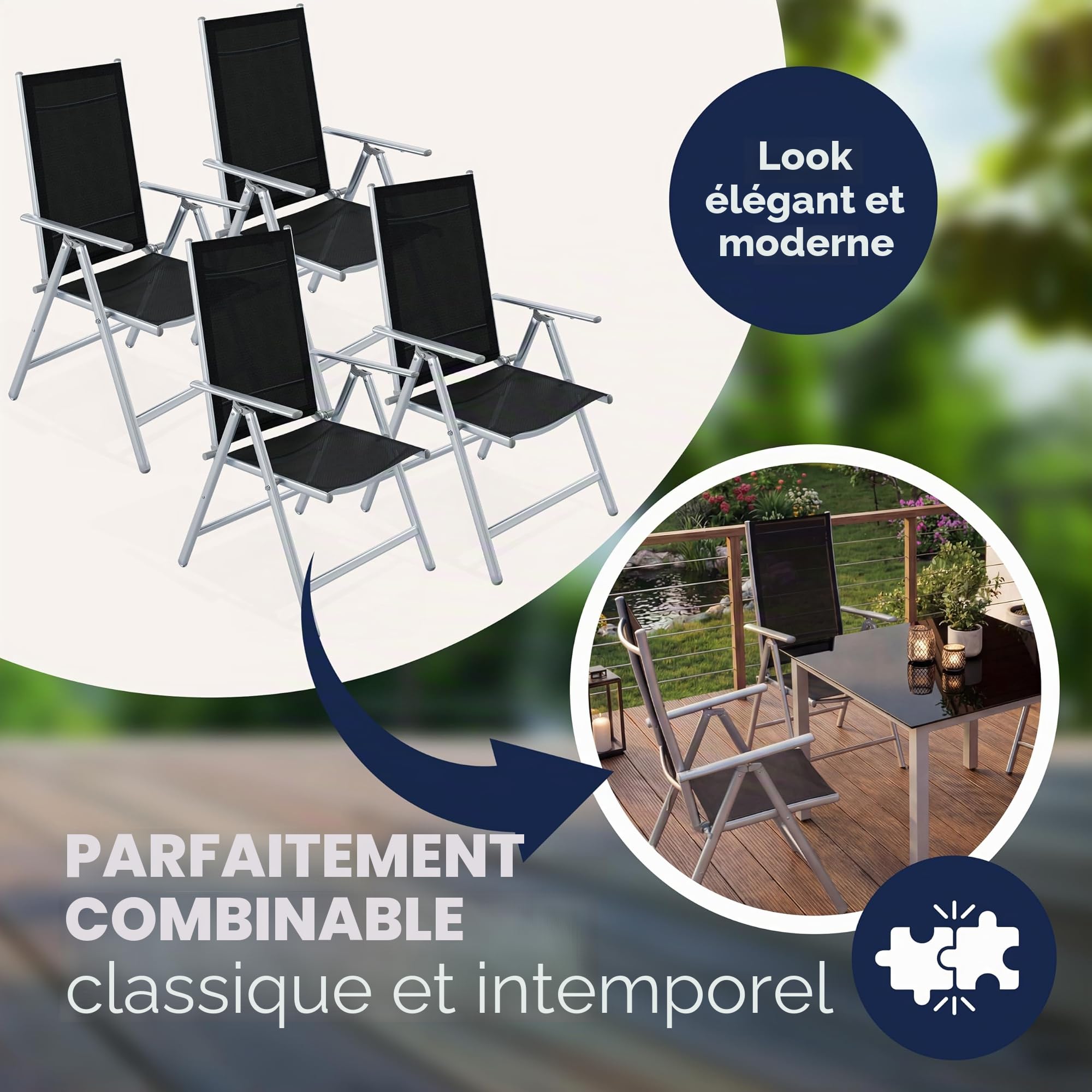 Casaria 4X Chaises de Jardin à Dossier Haut Argent Aluminium Pliable résistante intempéries Dossier réglable 8 Positions accoudoirs 120kg