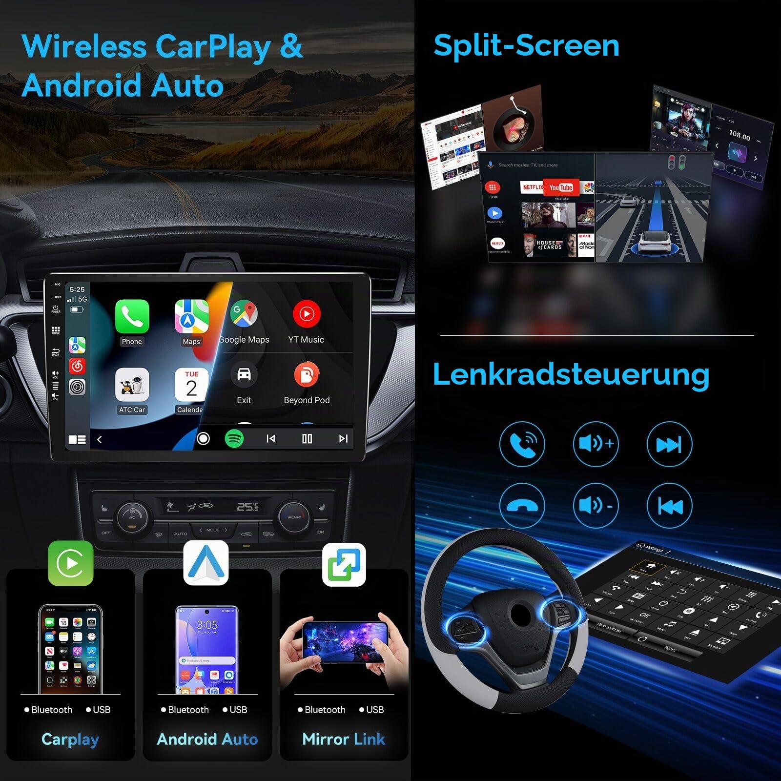 [6G+128G,Octa-Core] - MSD Autoradio für Ford Focus (2012-2017) | Android 16 GPS Navi Radio | CarPlay Android Auto Lenkradsteuerung Dual-Band WiFi DSP DAB | Rückfahrkamera MIC | 2 Din 9 Zoll