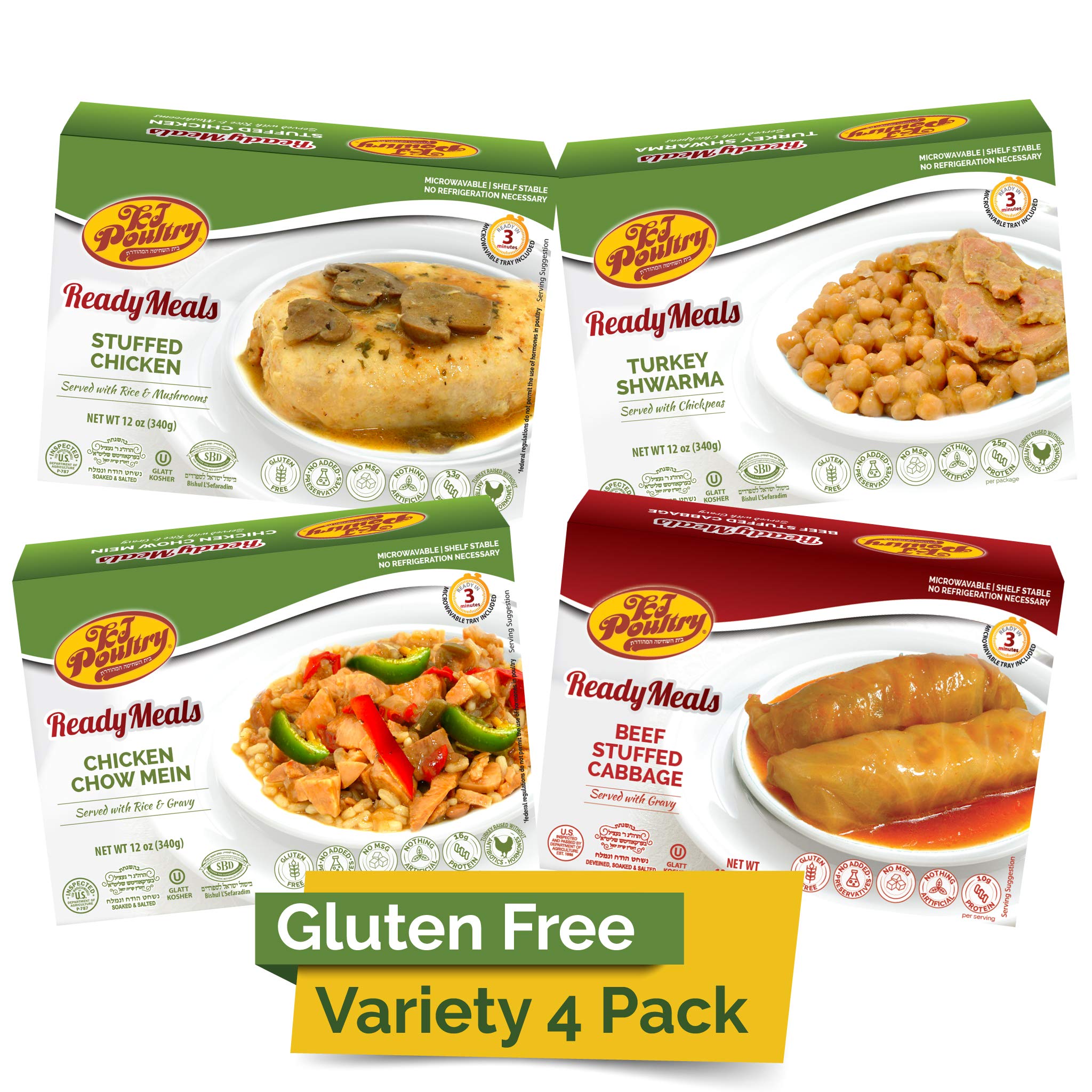 Kosher Mre Meat Meals Ready to Eat, Gluten Free Variety - Beef, Chicken, Turkey (4 Pack Bundle) - Prepared Entree Fully Cooked, Shelf Stable Microwave Dinner – Camping & Emergency Survival Food
