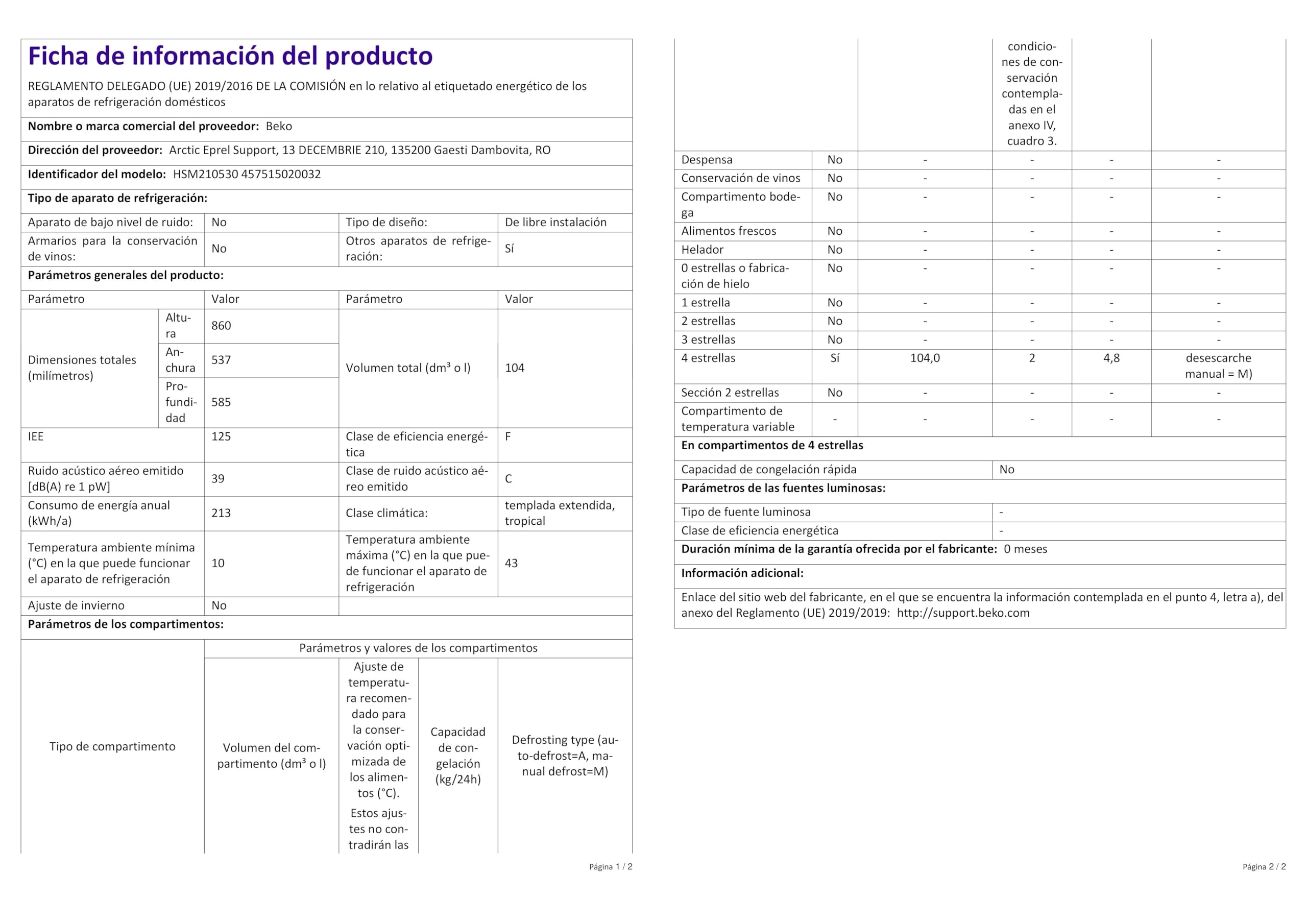 Beko - HSM210530 - Congelatore Orizzontale, Classe F, Statico, 104L, Dimensioni HxLxP: 86 x 53,7 x 58,5