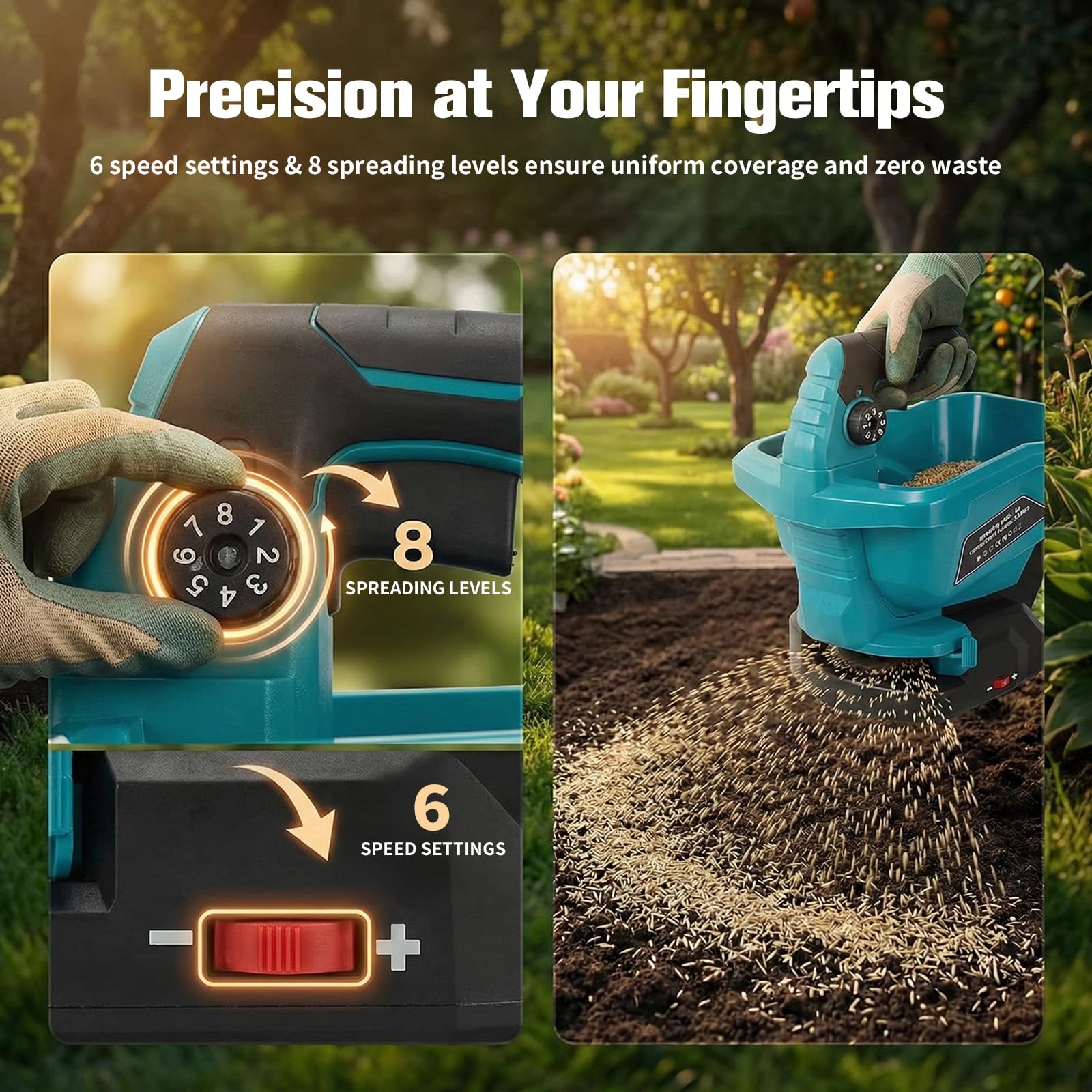 Cordless Düngerstreuer kompatibel mit Makita 18V Akku, 3,3-Liter Handgehaltener Sä- und Streuwagen für Dünger,Saatgut, Streusalz, 5 m Streubreite, 6 Geschwindigkeiten & 8 Streustufen(Ohne Akku)