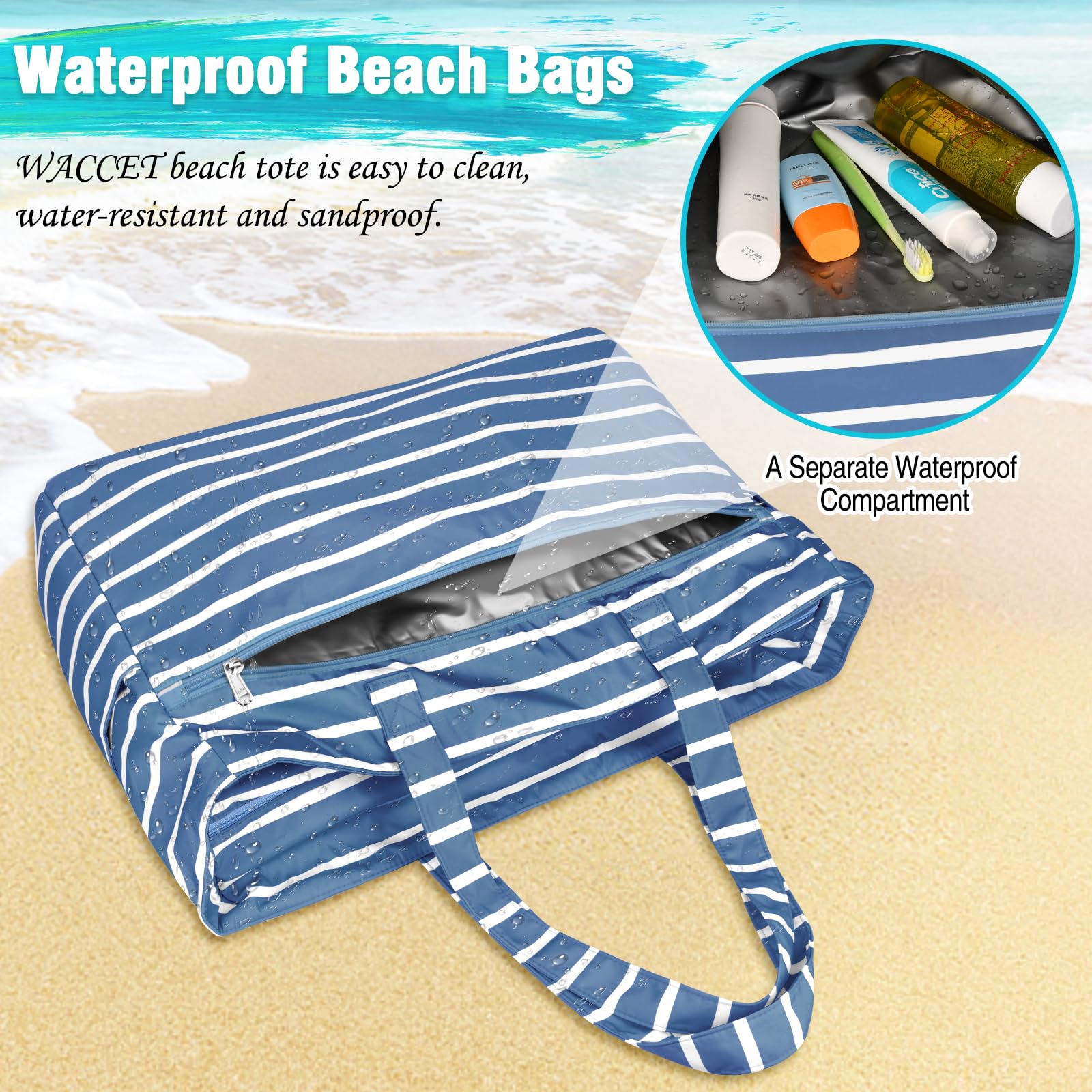 WACCET Borsa Mare Donna Grande, Borsa Spiaggia Donna Impermeabile con Zip Borse Mare Grande XXL Famiglia 50L Pieghevole Leggera Borse Beach Tote Bag per Spiaggia, Viaggio, Vacanza, Piscina