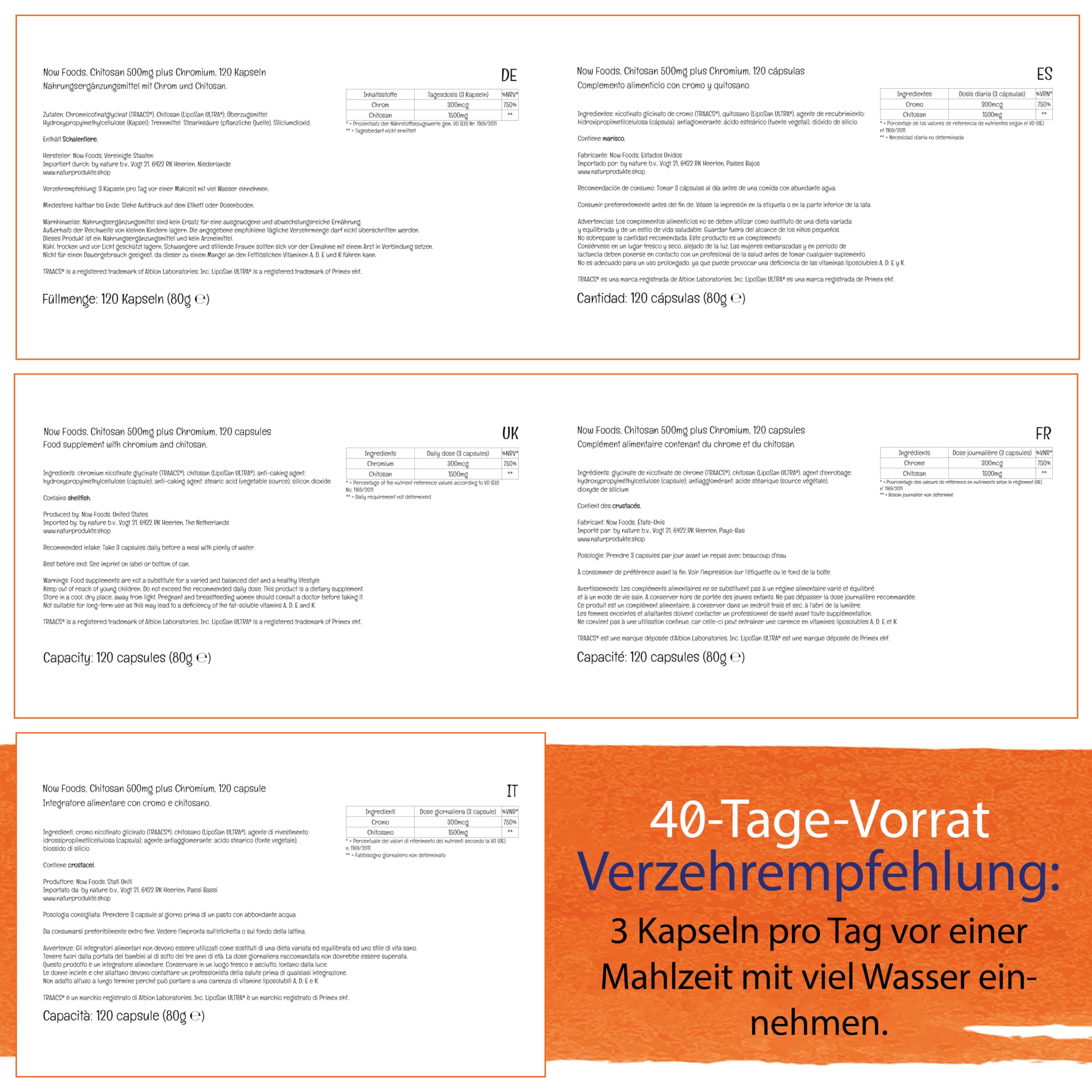 Now Foods, Chitosan, 500mg, mit Chrom, 120 Kapseln, Laborgeprüft, Sojafrei, Glutenfrei, Ohne Gentechnik