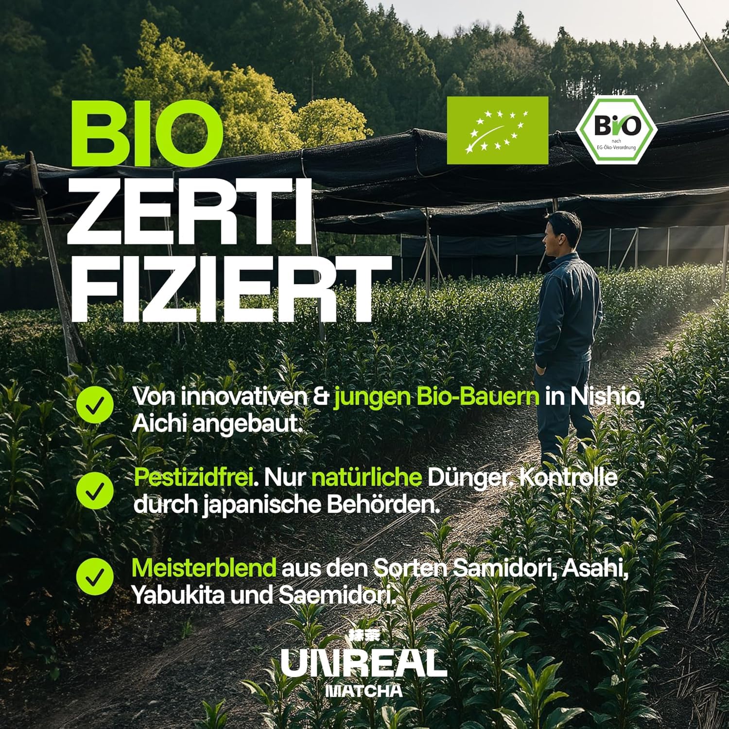 UNREAL® Bio Matcha Set Japan – 30g Ceremonial Matcha Pulver mit Bambusbesen & Bambuslöffel – Matcha Starter Set in Geschenkbox – Japanischer Grüner Tee für cremigen Matcha Latte inkl. Zubehör