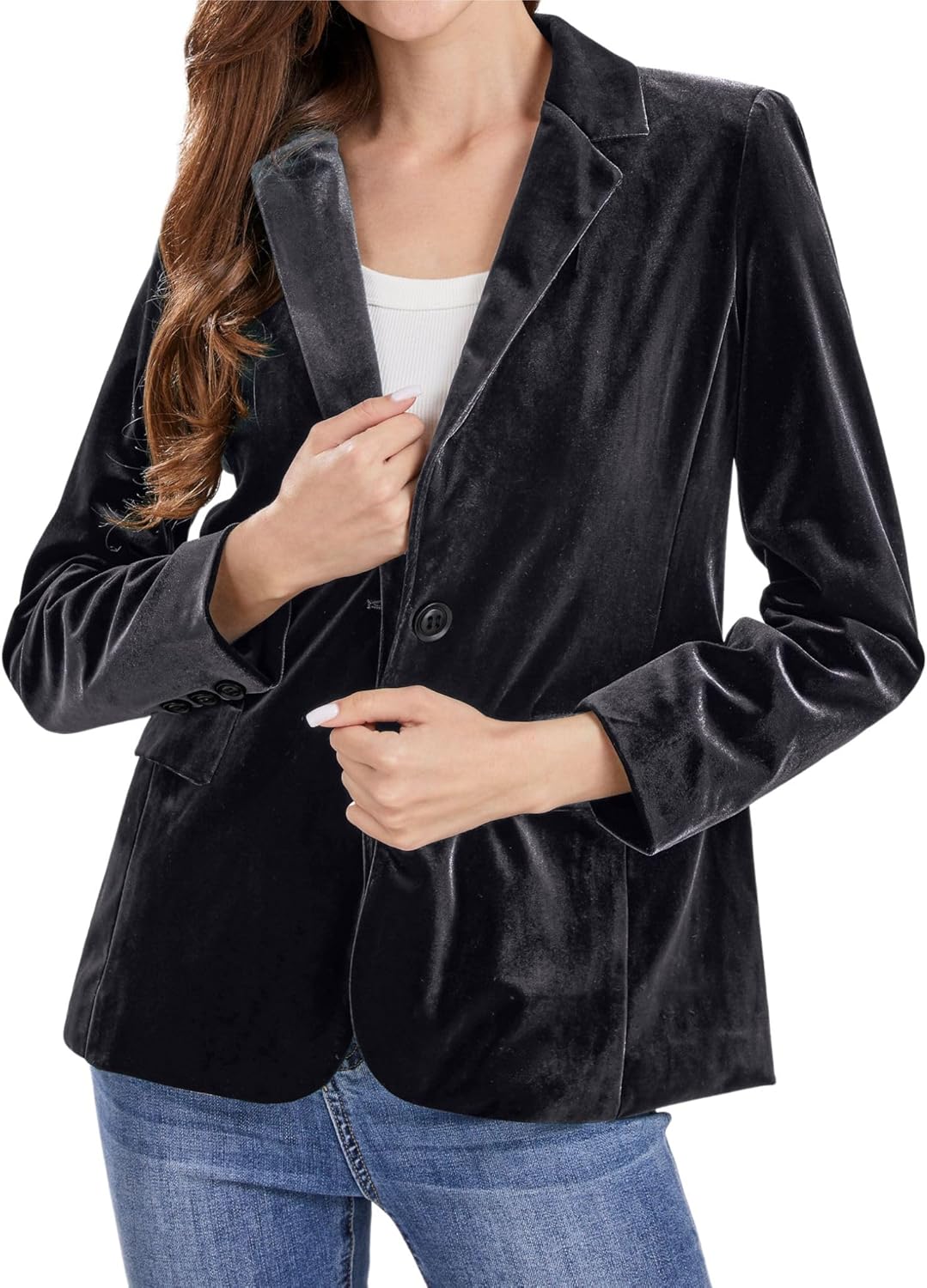 CHARTOU Women 1 Button Fitted Velvet Blazer Jacket Business Suit Jacket Work Office Notched Collar - Image 2