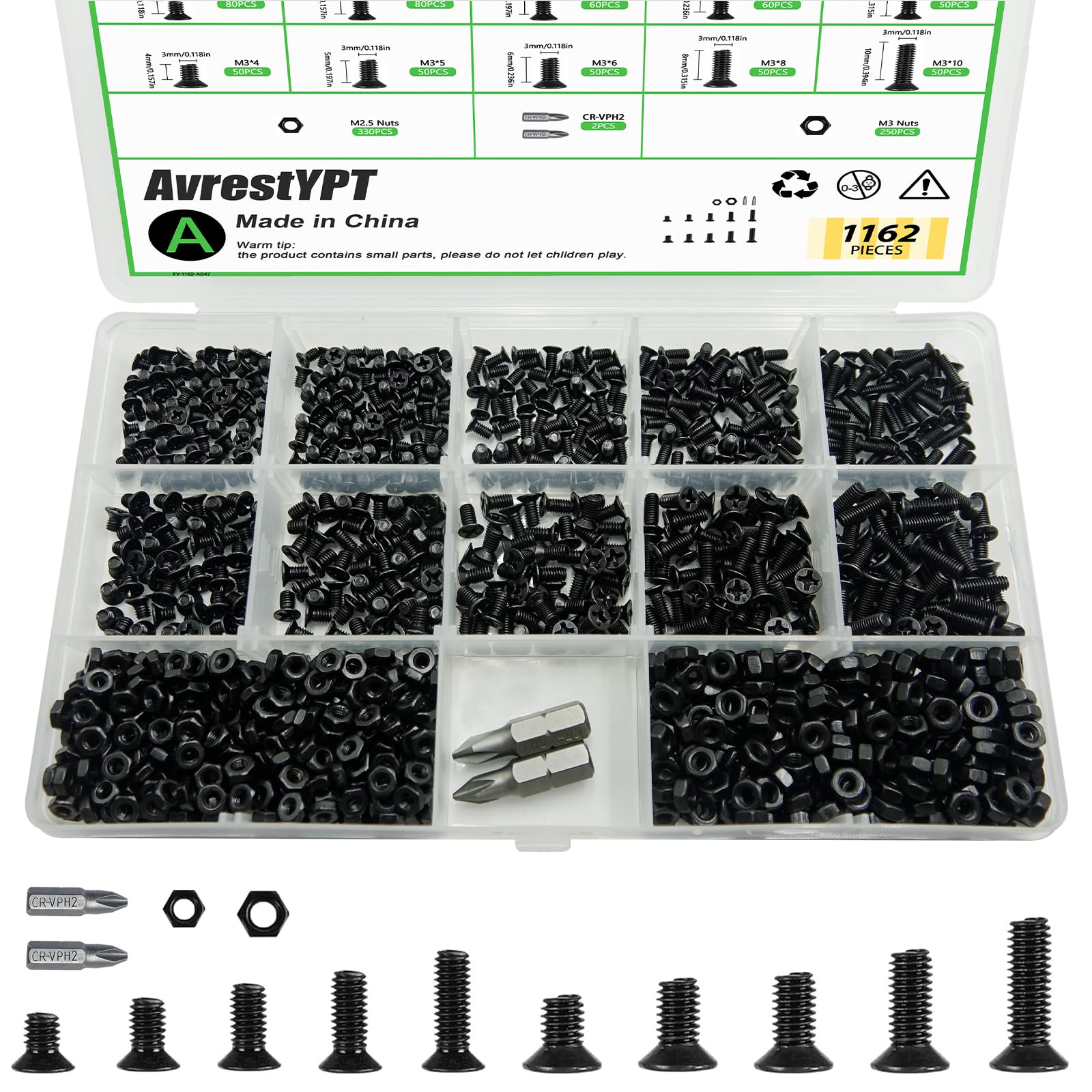 1162PCS Metric Screw Assortment Kit M2.5 M3, 12.9 Grade Alloy Steel, Hex Socket Head Cap Bolts Nuts Washers Set, Black Zinc Plated Anti-Rust Screws for 3D Printer DIY