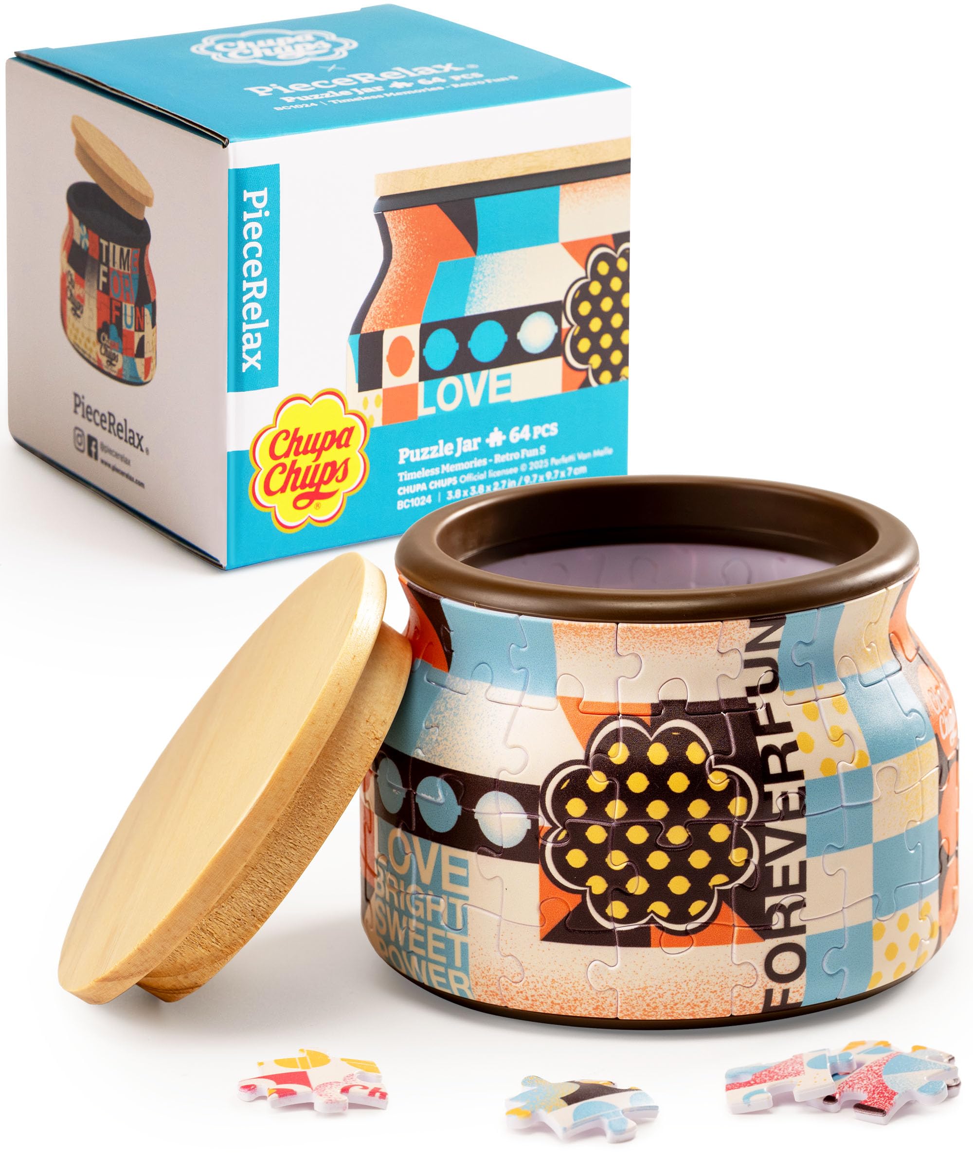 Chupa Chups X PieceRelax 3D Puzzle Jar 64 Plastic Pieces for Adults - Timeless Memories - Retro Fun S Wooden Lid Container for Kitchen Dining Study