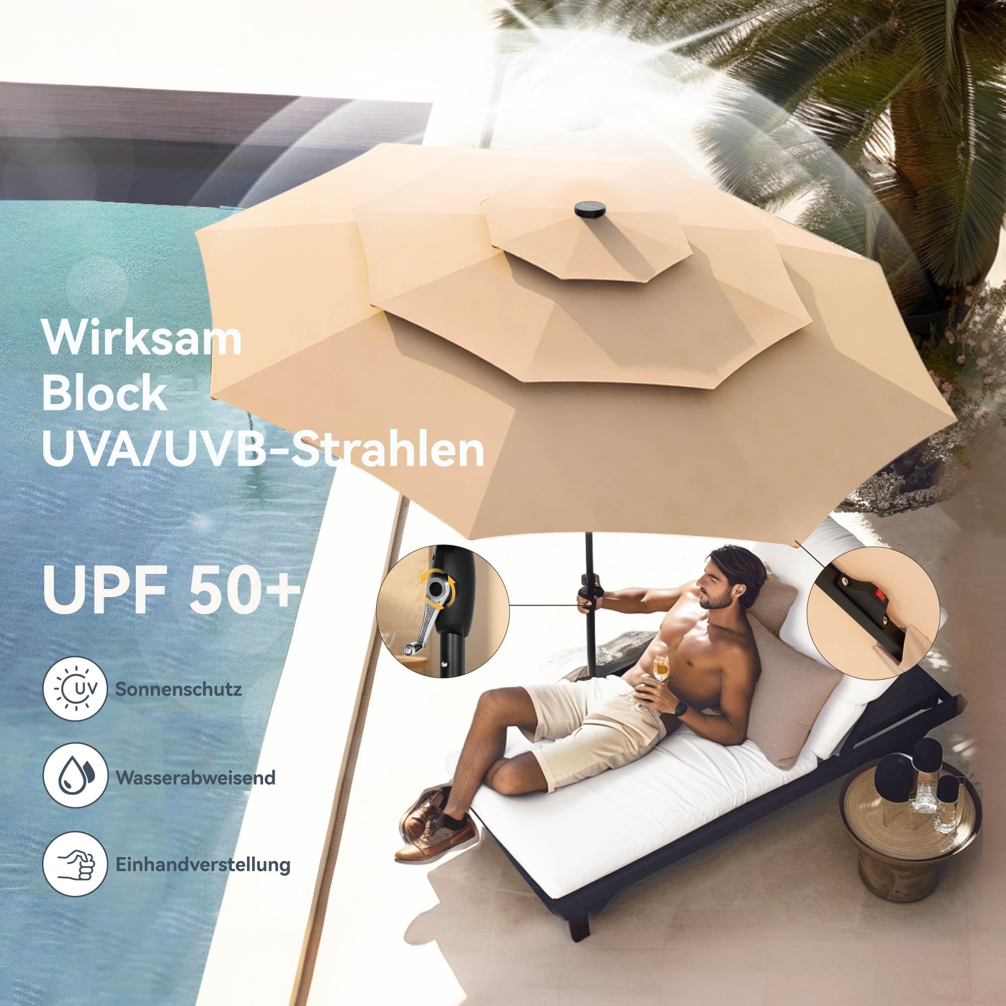 PHI VILLA Sonnenschirm Balkon Groß 300cm Balkonschirm Garten Terrasse Gartenschirm mit Kurbel UV Schutz Parasol Windfest