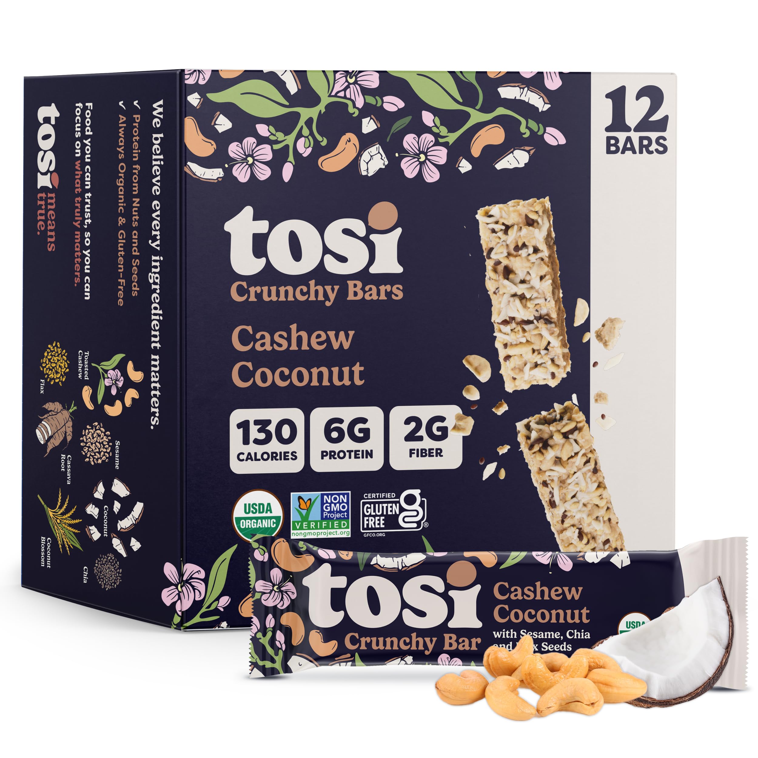 Tosi Nut Bars, Cashew Coconut, Healthy Snacks for Adults & Kids, Plant Based Crunchy Bars (6G Protein), Organic Keto Snacks, Vegan, Gluten & Soy Free, Low Sugar, Omega 3s, 1oz, 12-Pack