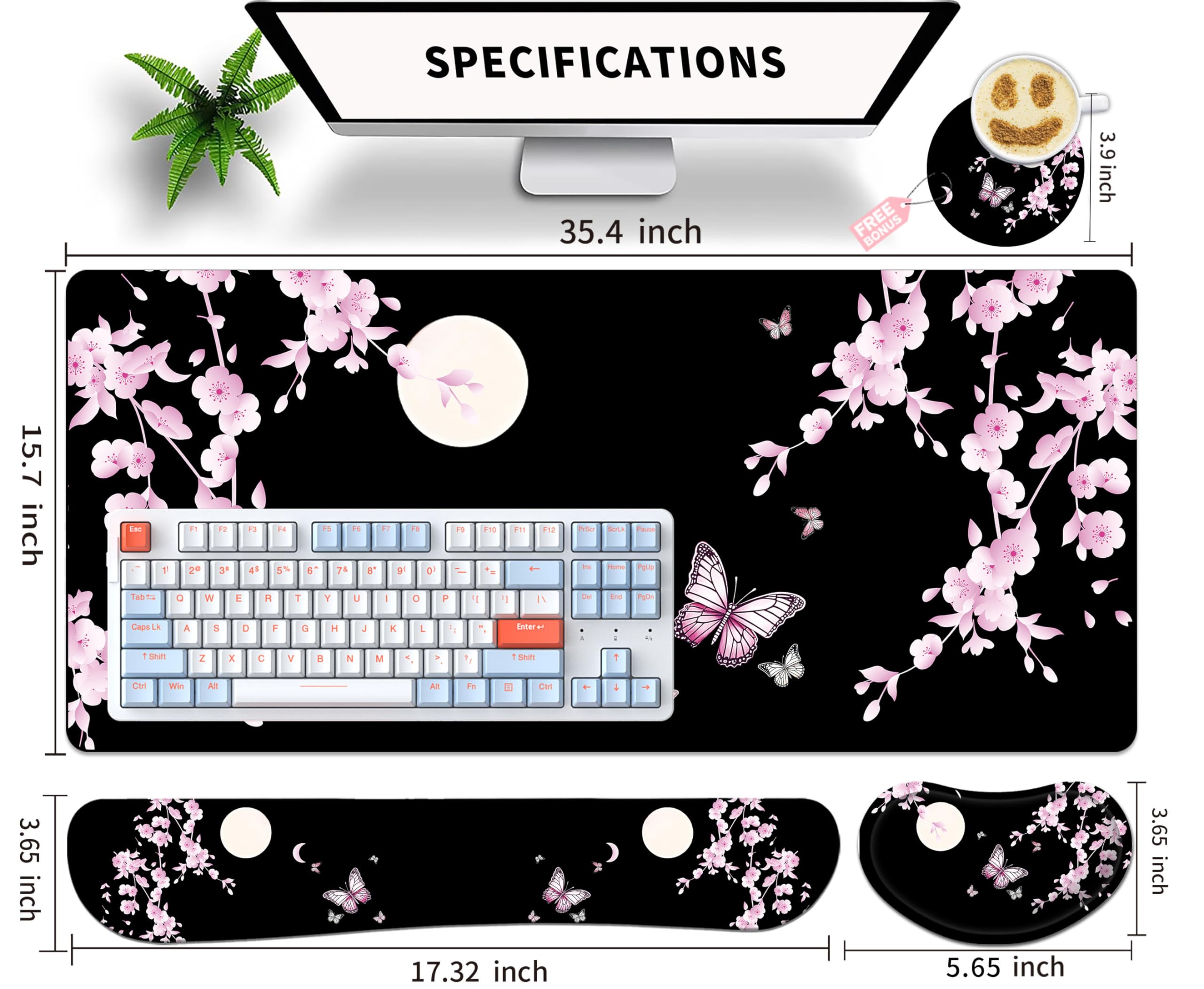 Großes Gaming-Mauspad-Set mit Tastatur-Handgelenkauflage, Handgelenkstütze und Untersetzer, Memory-Schaum, glatte Schreibtischunterlage für Zuhause, Büro, Schule, Kirschblütenmond