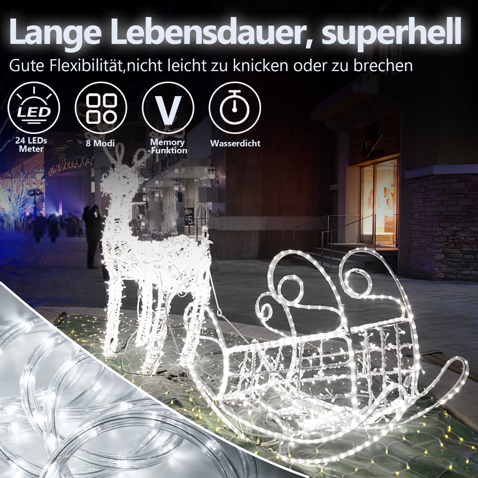 Ikodm - Guirnalda luminosa de 40 m, tubo 960 LED, 8 modos, tubo luminoso LED, guirnalda luminosa para jardín, terraza, árbol, patio, habitación, color blanco