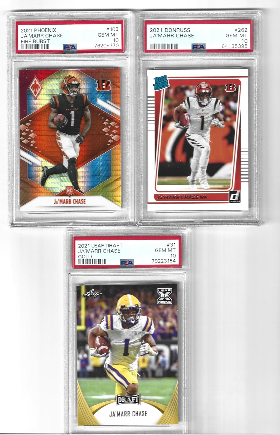 Graded Psa 10 Ja'Marr Chase 3 Card Football Rookie Lot Donruss, Fire Burst & Leaf Gold Offensive Rookie Player Of The Year Bengals Superstar Receiver! You Will Receive All 3 Cards Shown