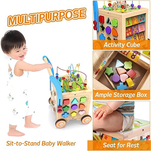 Miniatura 3 de Andador de madera para bebés  Cubo de actividades de madera 9 en 1, centro de actividades de aprendizaje sentado a pie, juguetes educativos