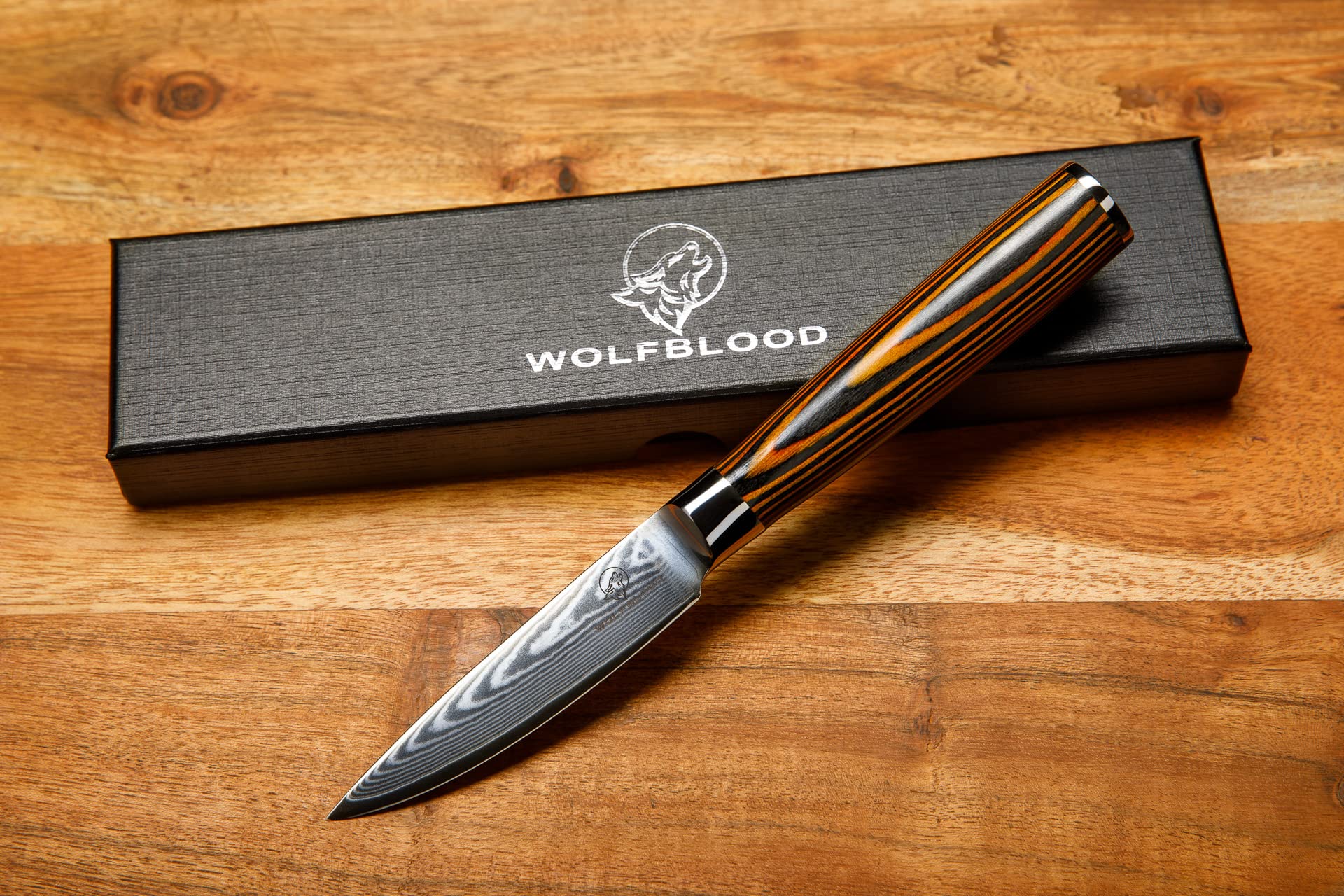 Wolfblood Damastmesser Schälmesser S (20cm) TÜV geprüfter 62 HRC Damaststahl aus 67 Lagen I Obstmesser Officemesser Damast Küchenmesser mit Holzgriff Geschenkbox & Klingenschutz