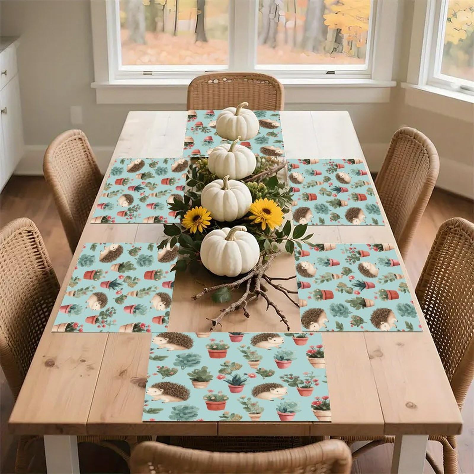 Hedgehog Potted Flower Placemats Wipeable Heat Resistant Table Mats Washable Flax Place Mats Elegant Cloth Non-Slip Placemat for Kitchen Dinning Party Table Decor 12 * 18 in