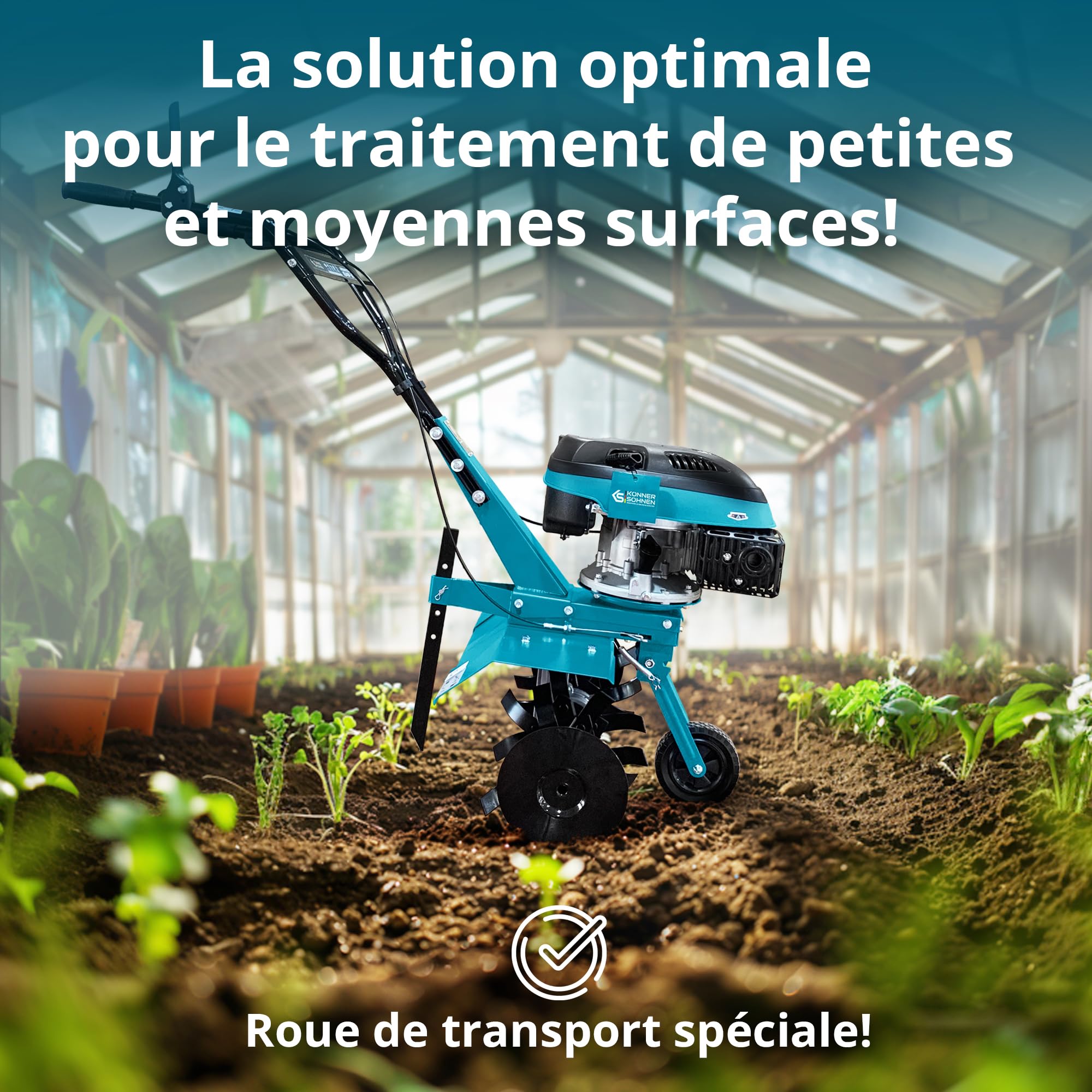 Könner & Söhnen KS 4HP-70 Motobineuse à Essence avec entraînement par Courroie, motoculteur avec Fraise Sabre forgée, Largeur de Travail ≤ 70 cm, Profondeur de Travail ≤ 27 cm, Puissance du Moteur 4