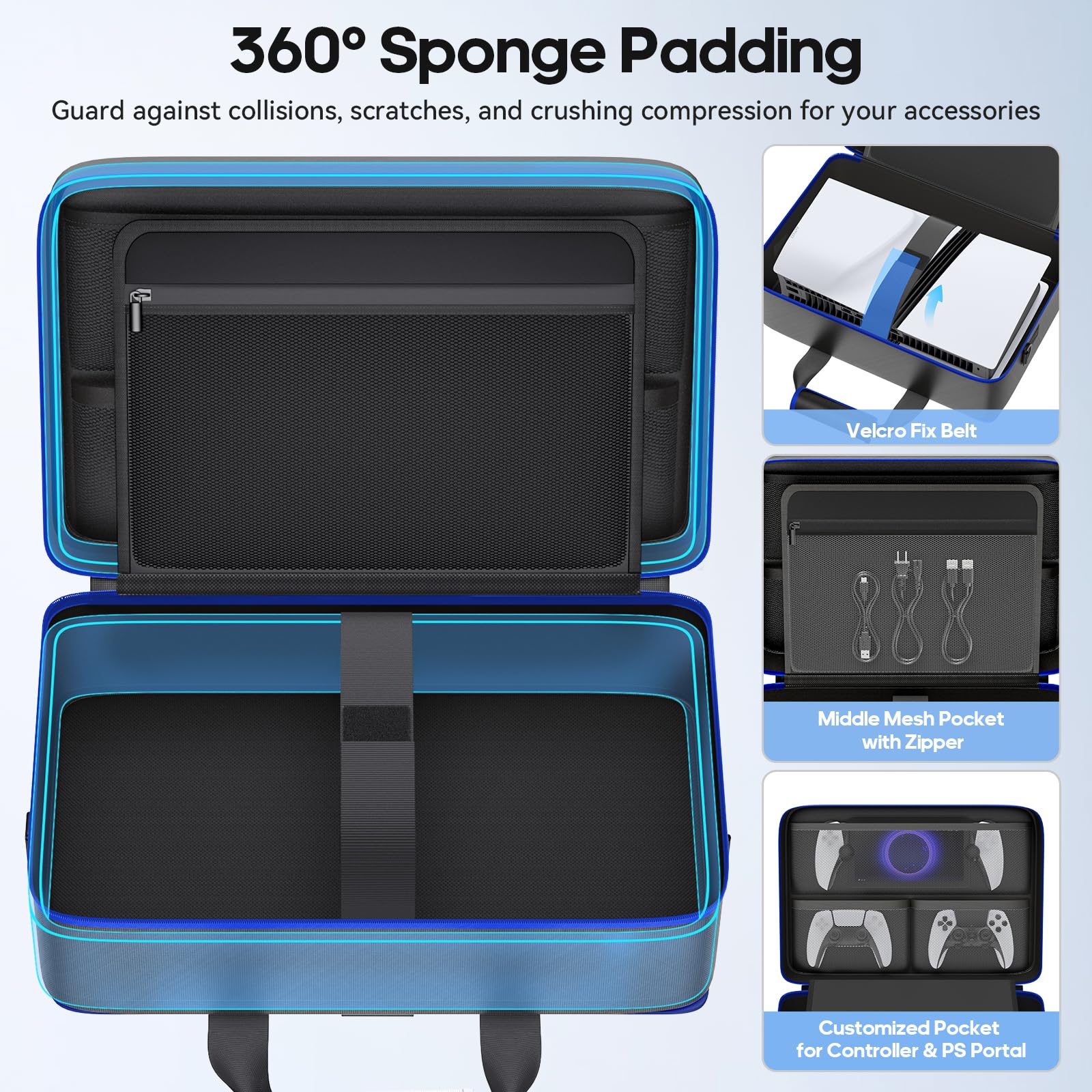 Gersker PS5 Tasche kompatibel mit PS 5/Slim/Pro Digital & Disc, 10 Fächer Aufbewahrung PS5 Rucksack für PS Portal, 4 Spielkarten, 2 Controller, PS 5 Reisetasche mit großer Kapazität, Schwarz & Blau