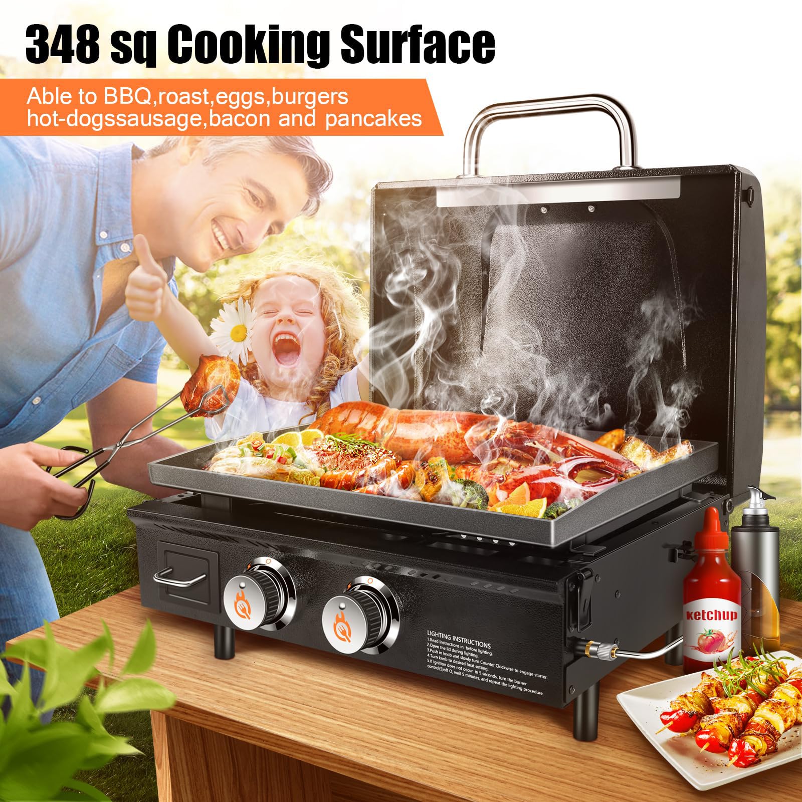 GFTIME Tischgasgrill mit 2 Brenner, Grillplatte Plancha Gasgrill mit flacher Oberseite Grillplatte Propangrill mit Tragetasche 22 Zoll, 48.000 BTU, Keramik-antihaftbeschichtete Grillplatten mit Haube
