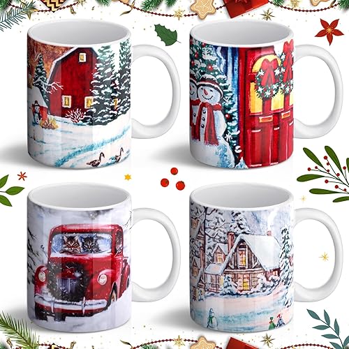 Miniatura 7 de Juego de 4 tazas de Navidad con copos de nieve, Papá Noel, elfo, muñeco de nieve, taza de café de Navidad de 12 onzas, regalo de Navidad a granel