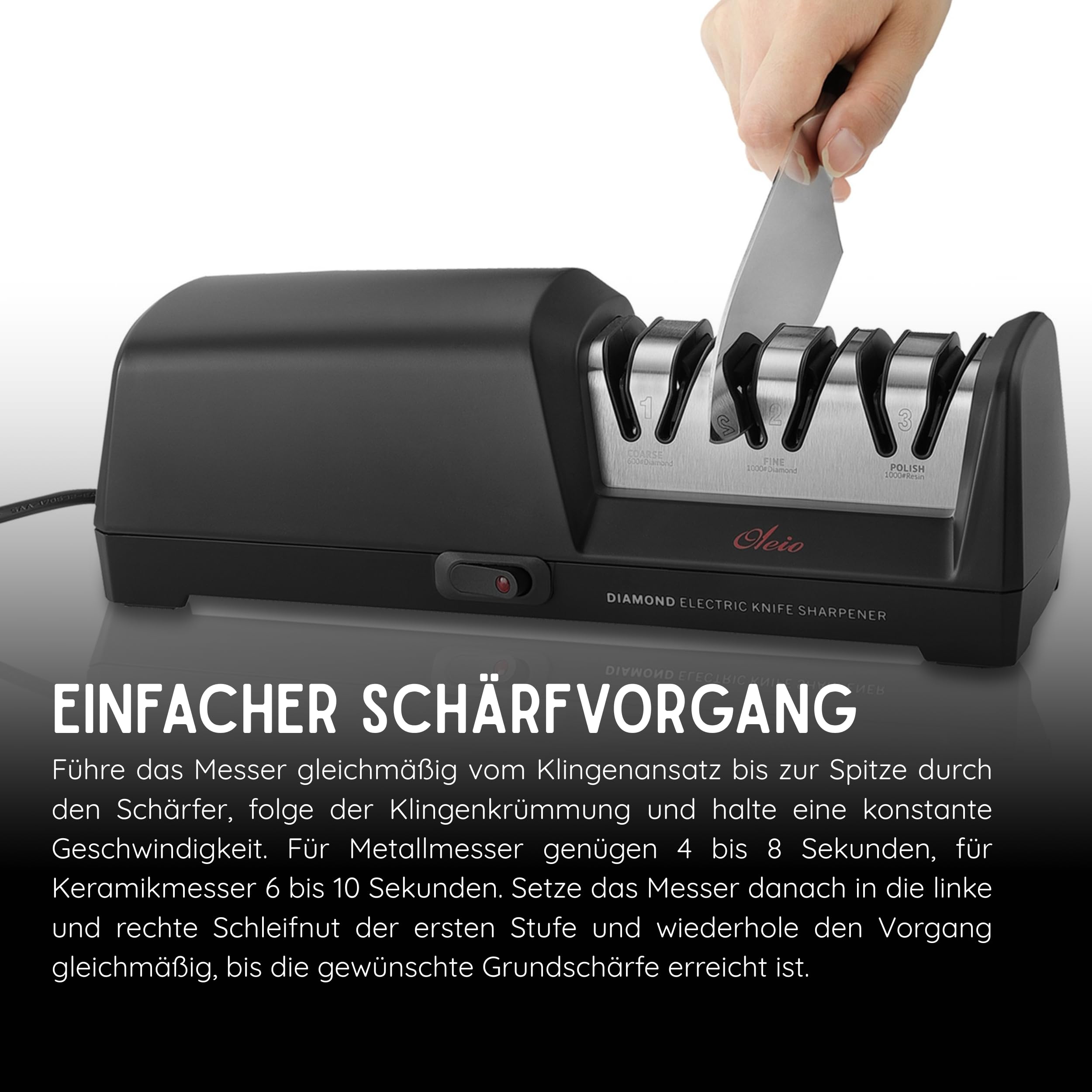 Oleio Messerschärfer elektrisch 3-Stufen Diamant 15° Winkel 70 dB Messerschleifer