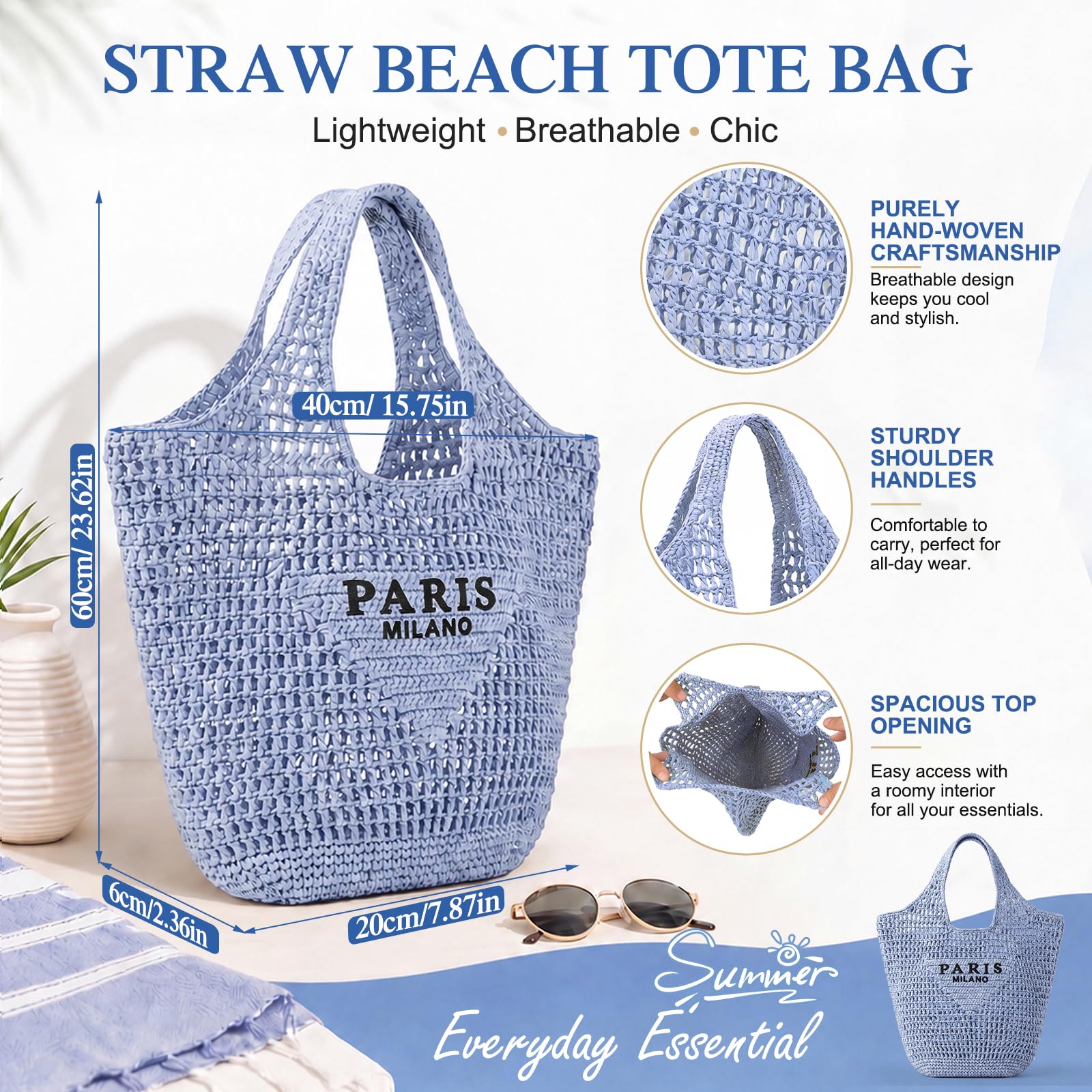 POOOPSSD Bolsa tejida de malla de paja, bolsa de playa, bolsa de hombro, Hobo para mujer, plegable, gran capacidad, para vacaciones.