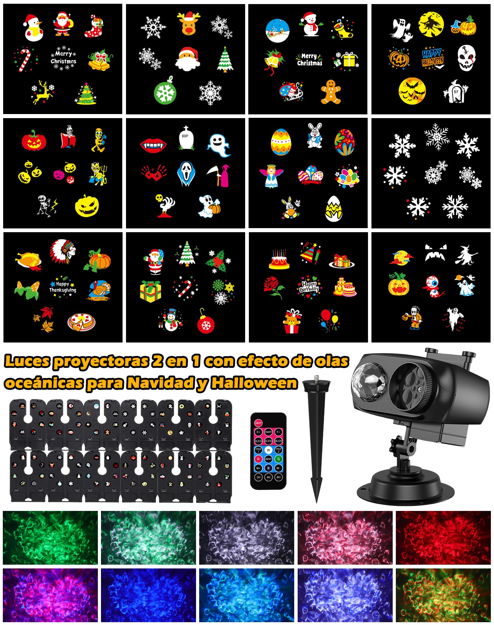 Proyector Navidad Exterior, Luces Proyector Navidad de 12 Diapositivas, Luces Halloween Decoracion, con Control Remoto, para Halloween, Regalos, Fiestas, Boda