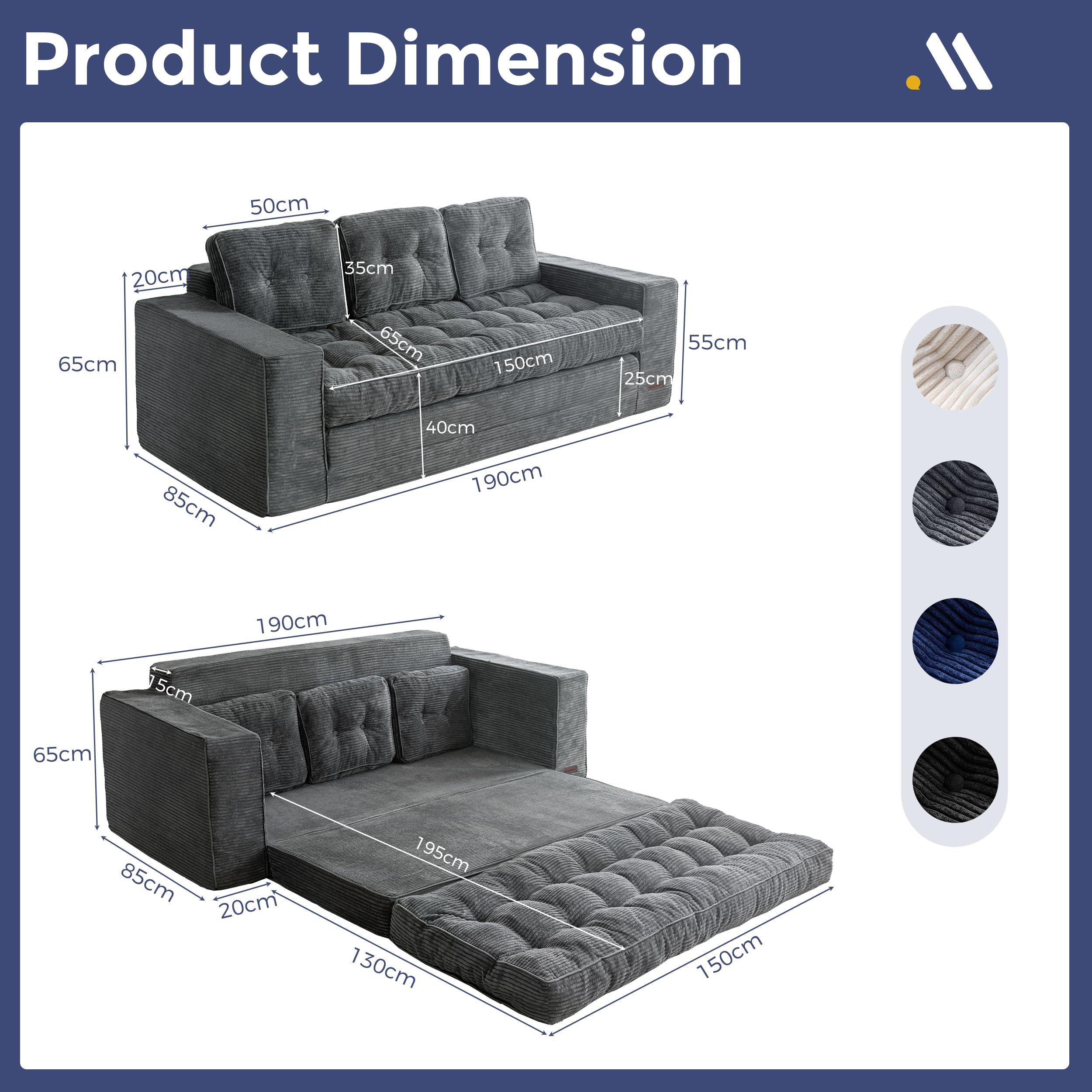 MAXYOYO Bodensofa Schlafsofa 190cm Breit mit Kissen, 2-in-1 Klappbar Cord Sofa 3 Sitzer mit Schlaffunktion, Liegefläche 101x196CM für Wohnzimmer, Schlafzimmer, Lounge | Ausziehbares Schlafsofa mit 2 Kissen, bequemes 2-in-1-Schlafsofa 3-Sitzer, 190x85 cm,